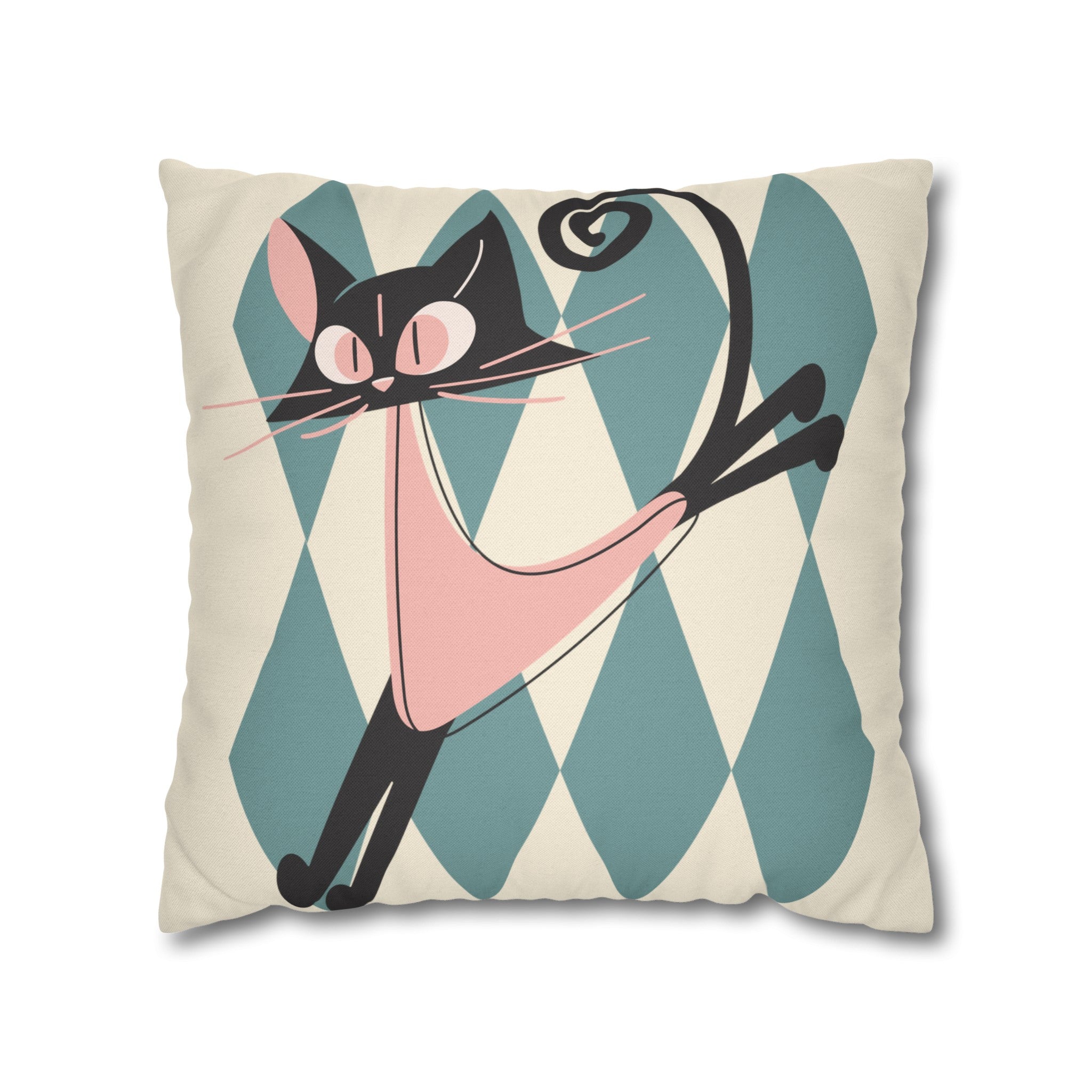 Atomic Kittie, Boomerang Mid Mod Atomic Cat, Harlequin Diamond Kitschy Pillow Cover - Mid Century Modern Gal