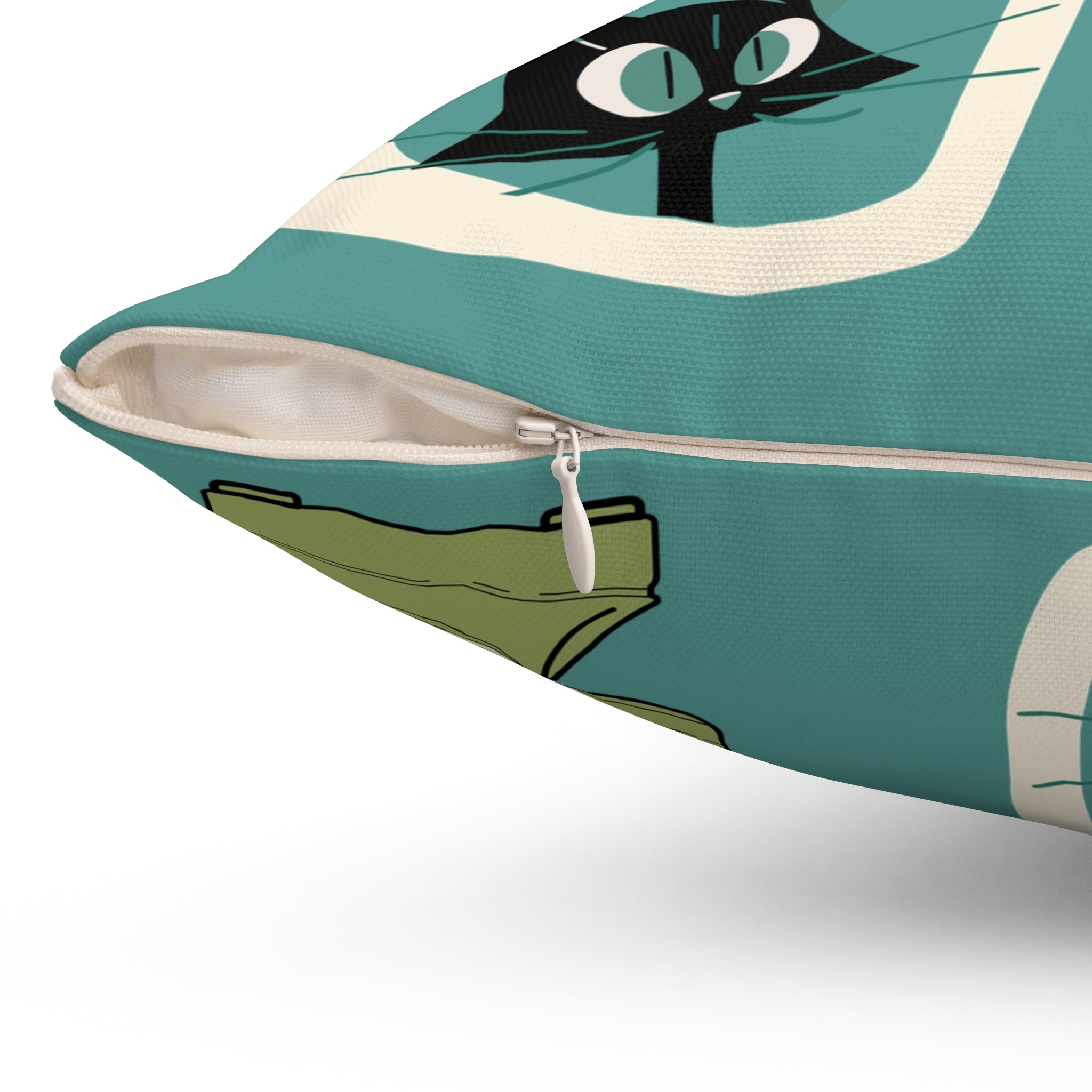 Atomic Space Cat, Teal Mid Century Modern Kitschy Mod Decorative Pillow - Mid Century Modern Gal