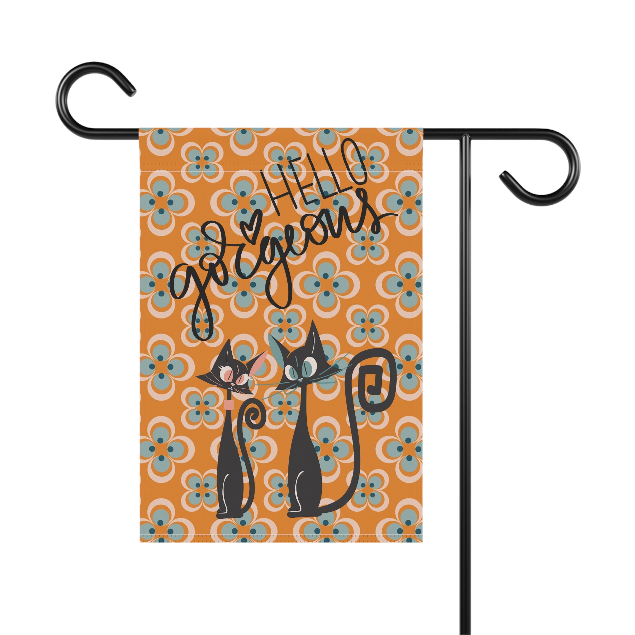Atomic Cat Mid Mod Scandi Designed Orange Blue, Spring Summer Garden Flag - Mid Century Modern Gal