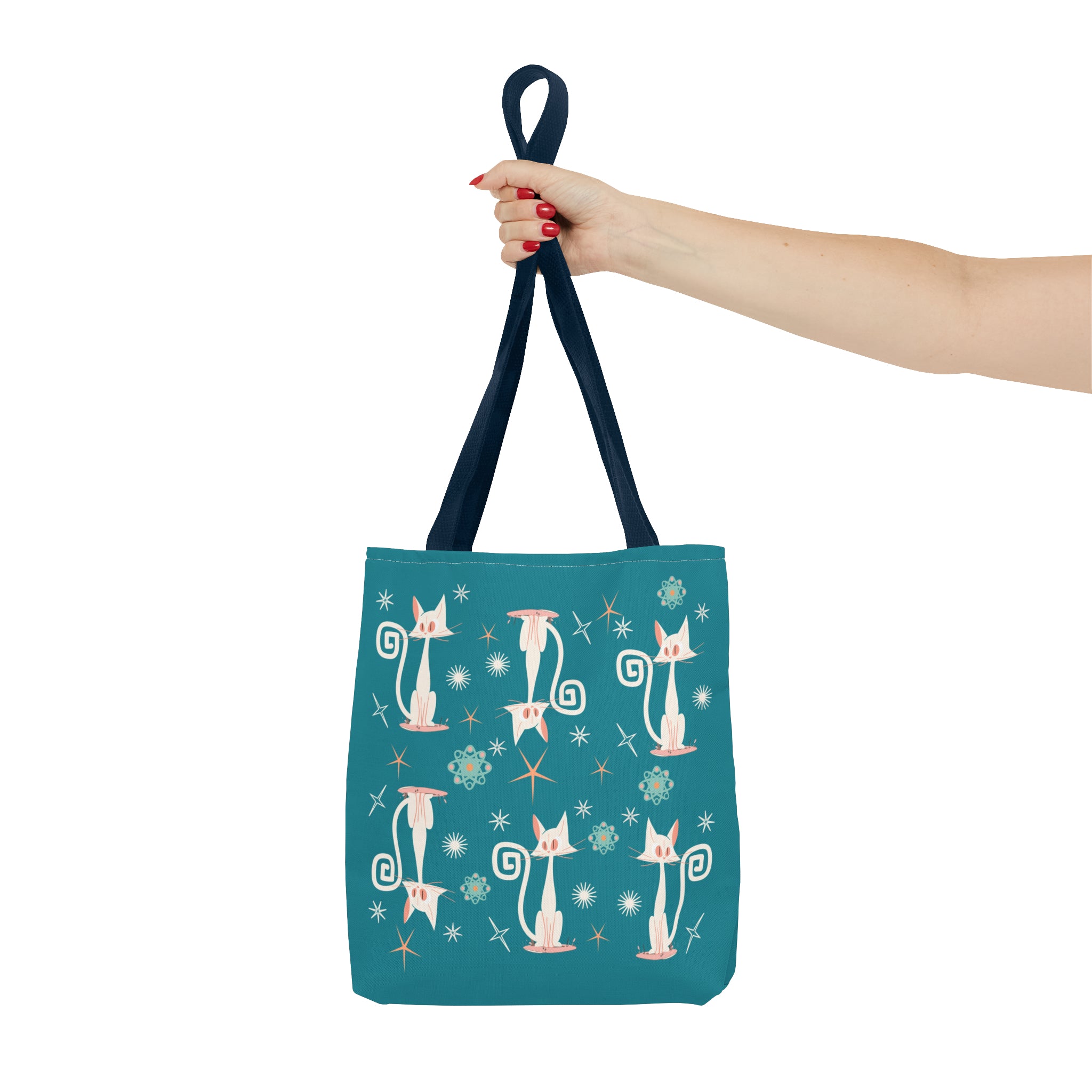 Atomic Kitties, White Kitschy Cats, Coral, Teal, Atomic Age Mid Century Modern Tote Bag - Mid Century Modern Gal