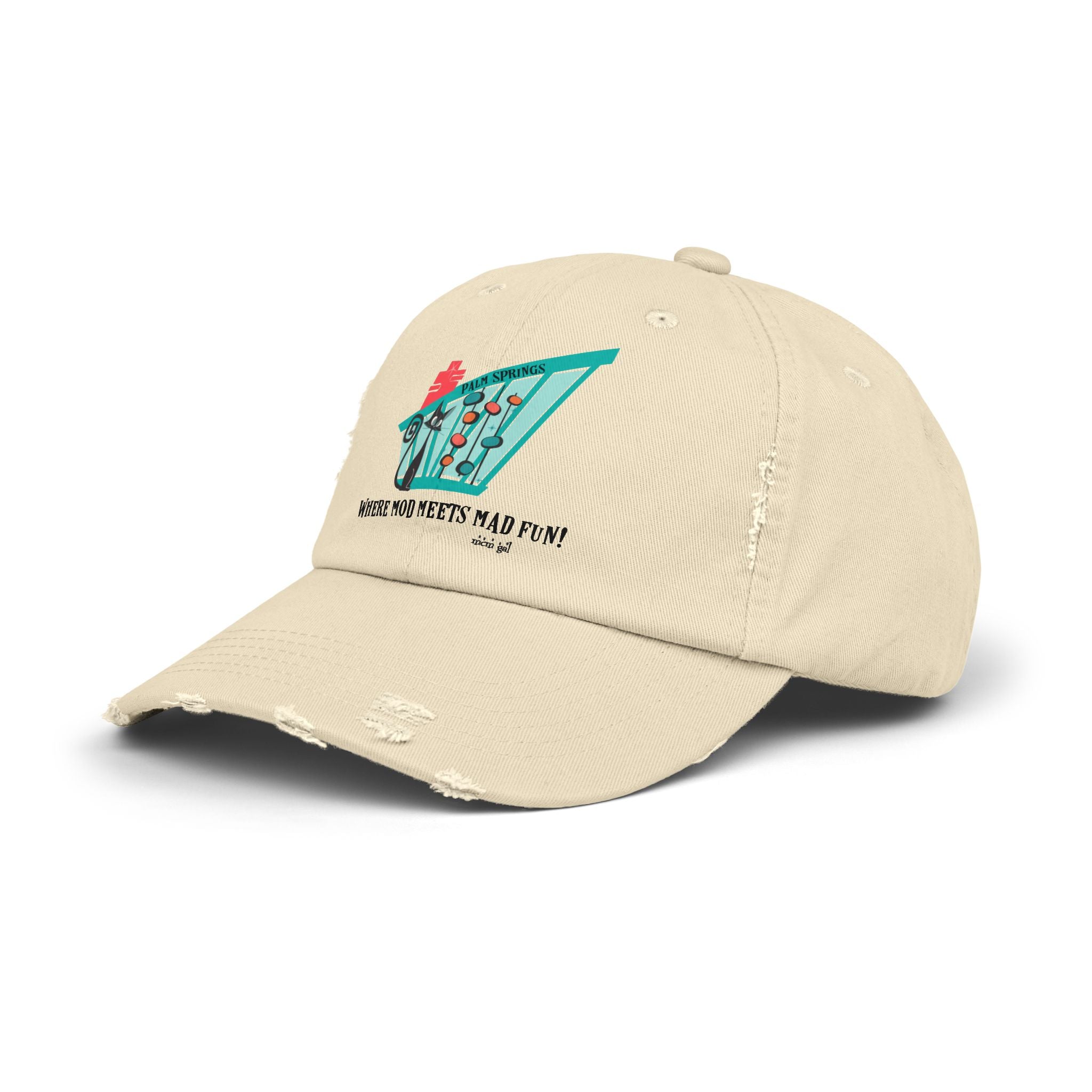 Modernism Week Palm Springs California, Mid Mod Funky Fun Retro Distressed Cap - "Where Mod Meets Mad Fun!" - Mid Century Modern Gal