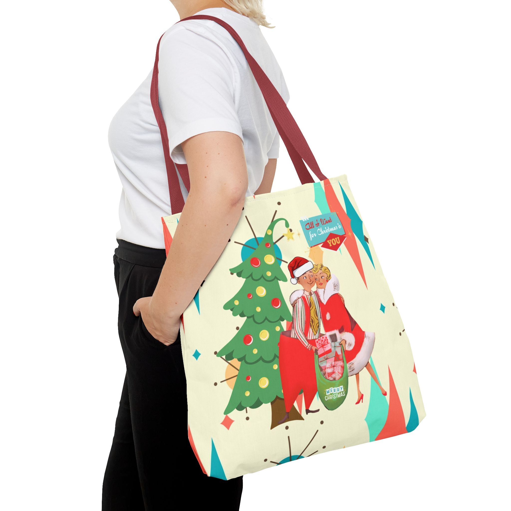 Christmas Couples Tote Bag, Cute Holiday Gift, Fun Shopping Bag, Joyful Christmas Decor, Merry Tote for Party Use - Mid Century Modern Gal