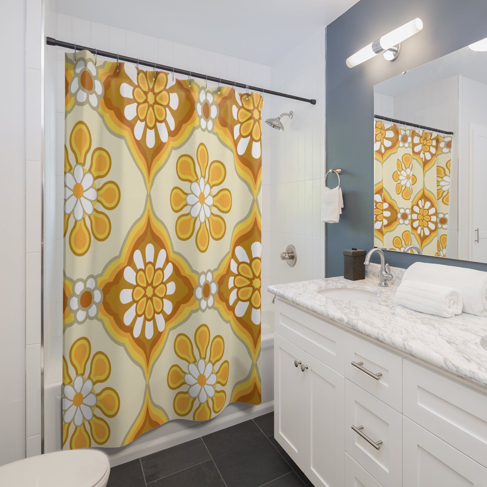 70s Flower Power Groovy Retro Bold Floral, Golden Yellow, Brown MCM Shower Curtain - Mid Century Modern Gal