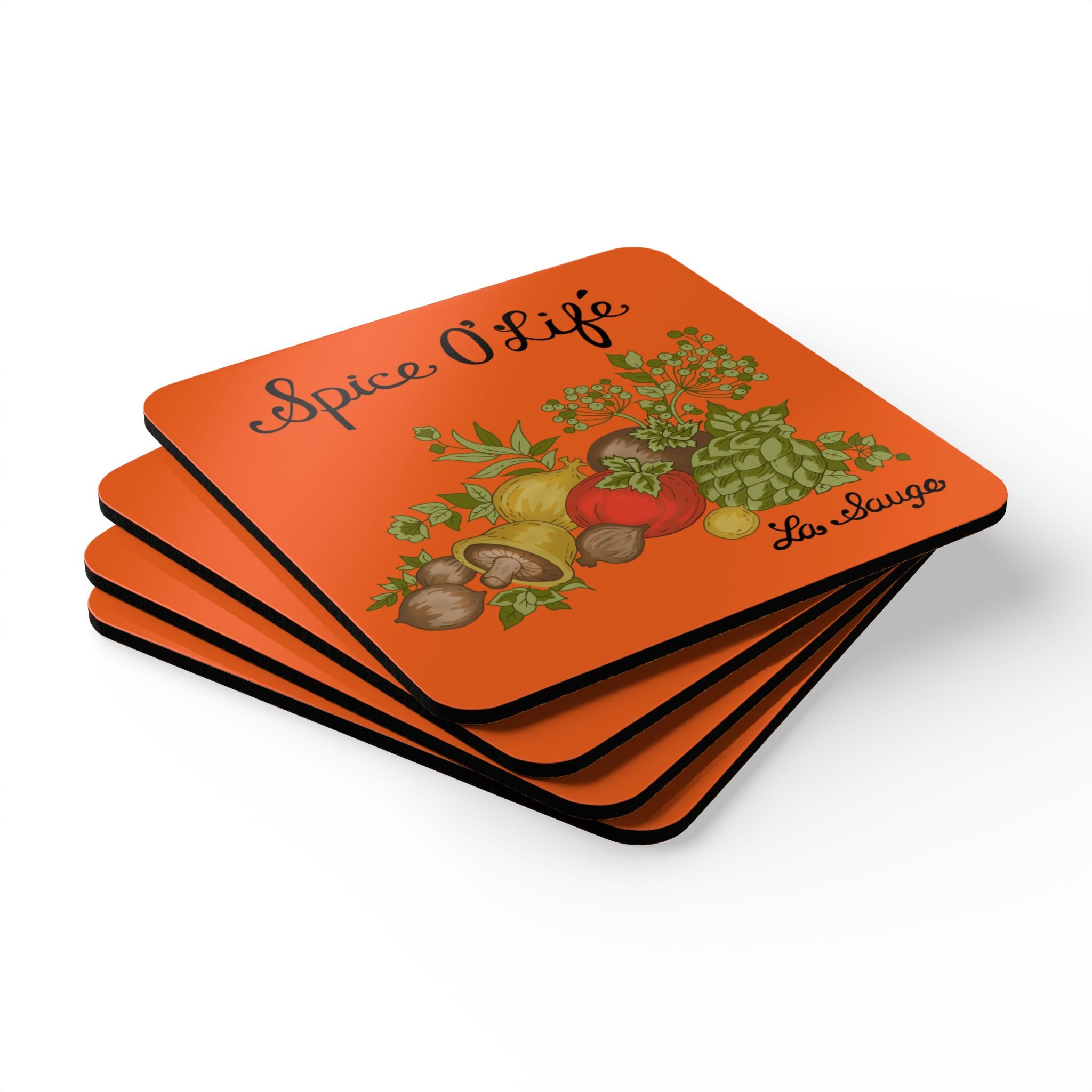 70s Spice Of Life, Corningware Inspired Orange Kitschy Kitchen Corkwood Coaster Set - Mid Century Modern Gal