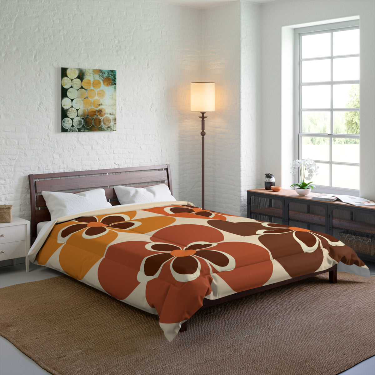 70's Bedroom, Mod Daisy, Brown, Orange, Yellow, Groovy, Retro Mid Century Modern, MCM Comforter, King, Queen - Mid Century Modern Gal