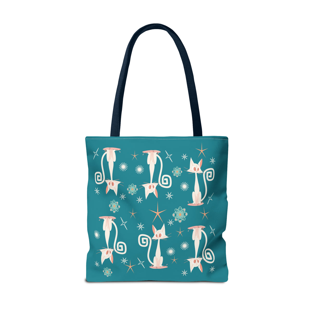 Mid-century modern tote bag featuring atomic-style white cats on a teal background with coral accents and starbursts.