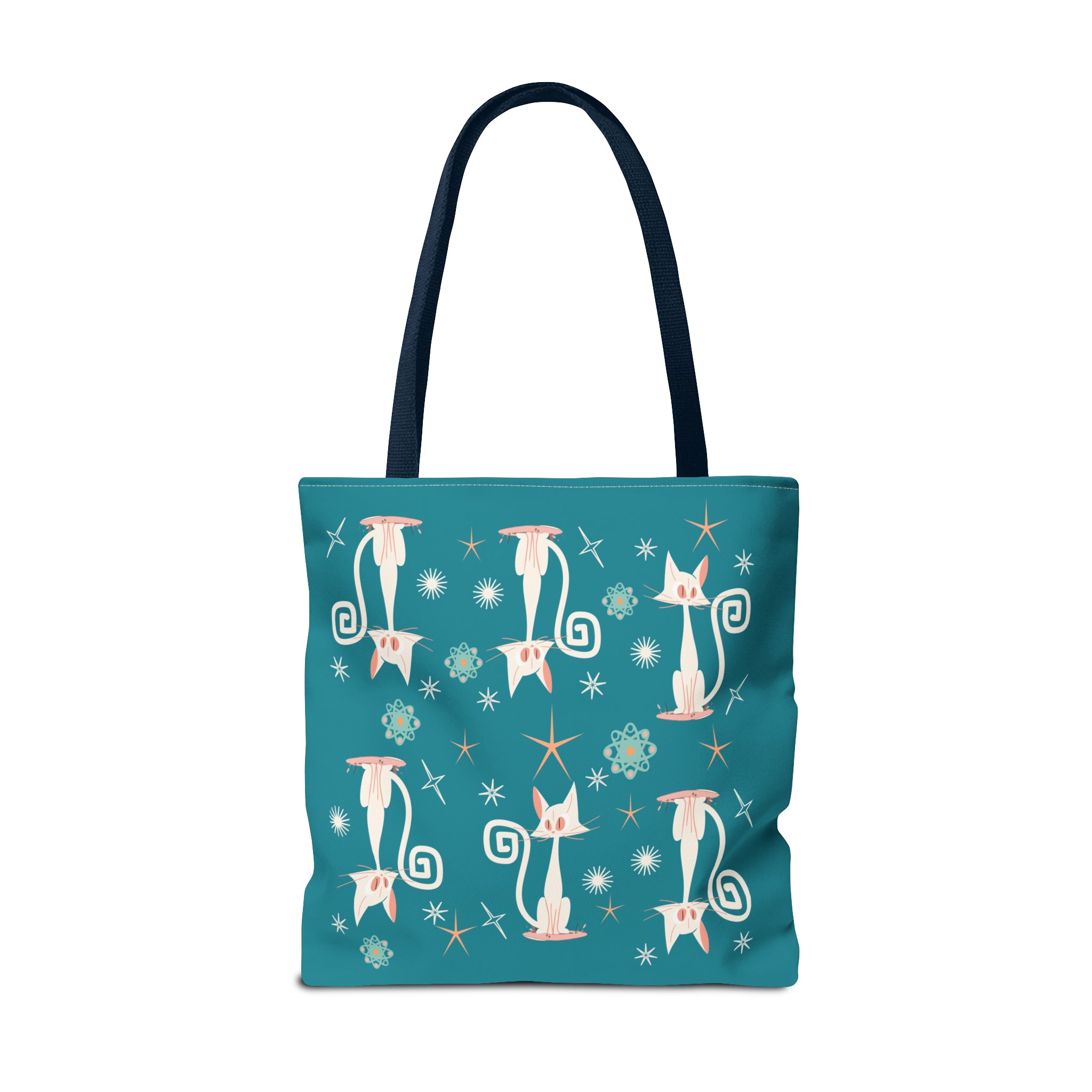 Atomic Kitties, White Kitschy Cats, Coral, Teal, Atomic Age Mid Century Modern Tote Bag
