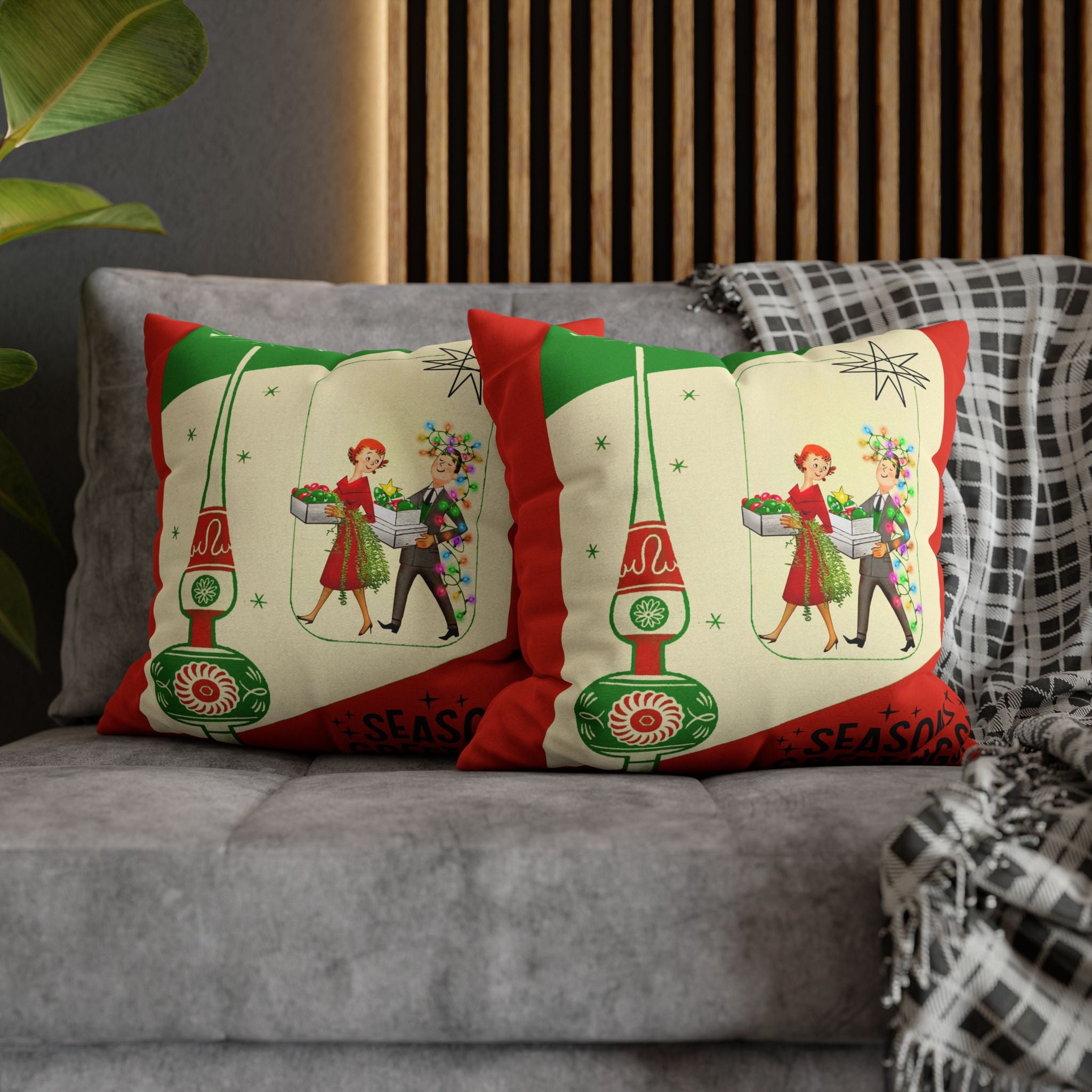 Shiny Brite Holiday Pillow Cover, Mid Century Modern Kitschy Couple Season Greetings - Mid Century Modern Gal