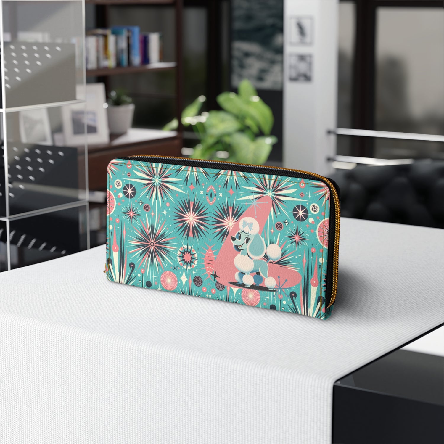 1950s Atomic Pink, Aqua Poodle Zipper Wallet - Mid Century Modern Gal