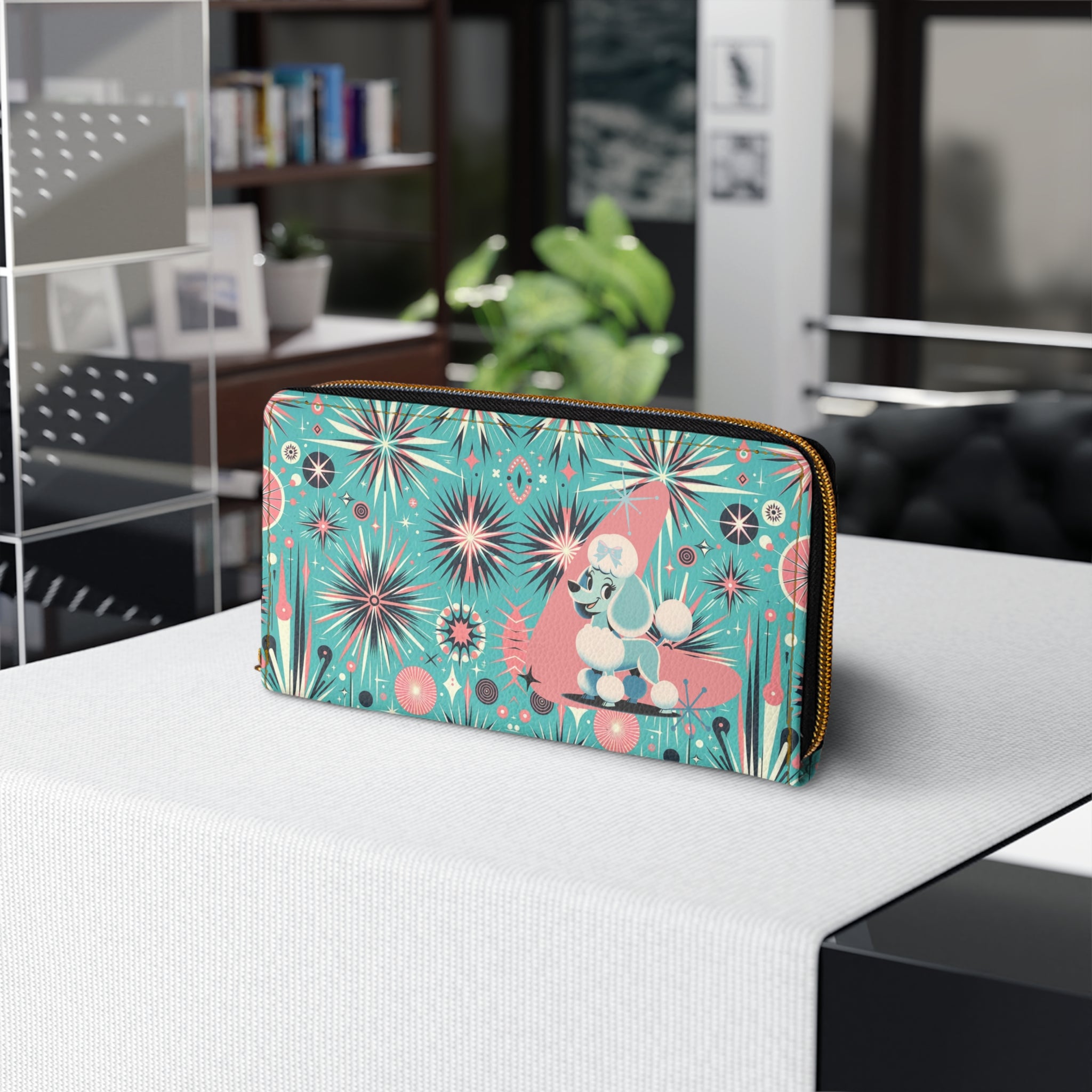 1950s Atomic Pink, Aqua Poodle Zipper Wallet - Mid Century Modern Gal