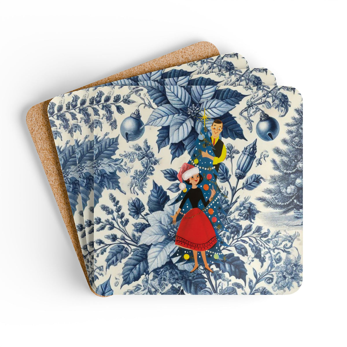 Christmas Blue Toile, Kitschy 50s Holiday Corkwood Coaster Set - Mid Century Modern Gal