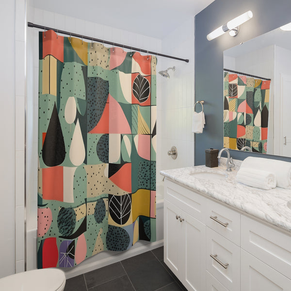 Scandinavian Designed Modernist Mid Century Modern Geometric Abstract, Florals, Colorful Retro Shower Curtain