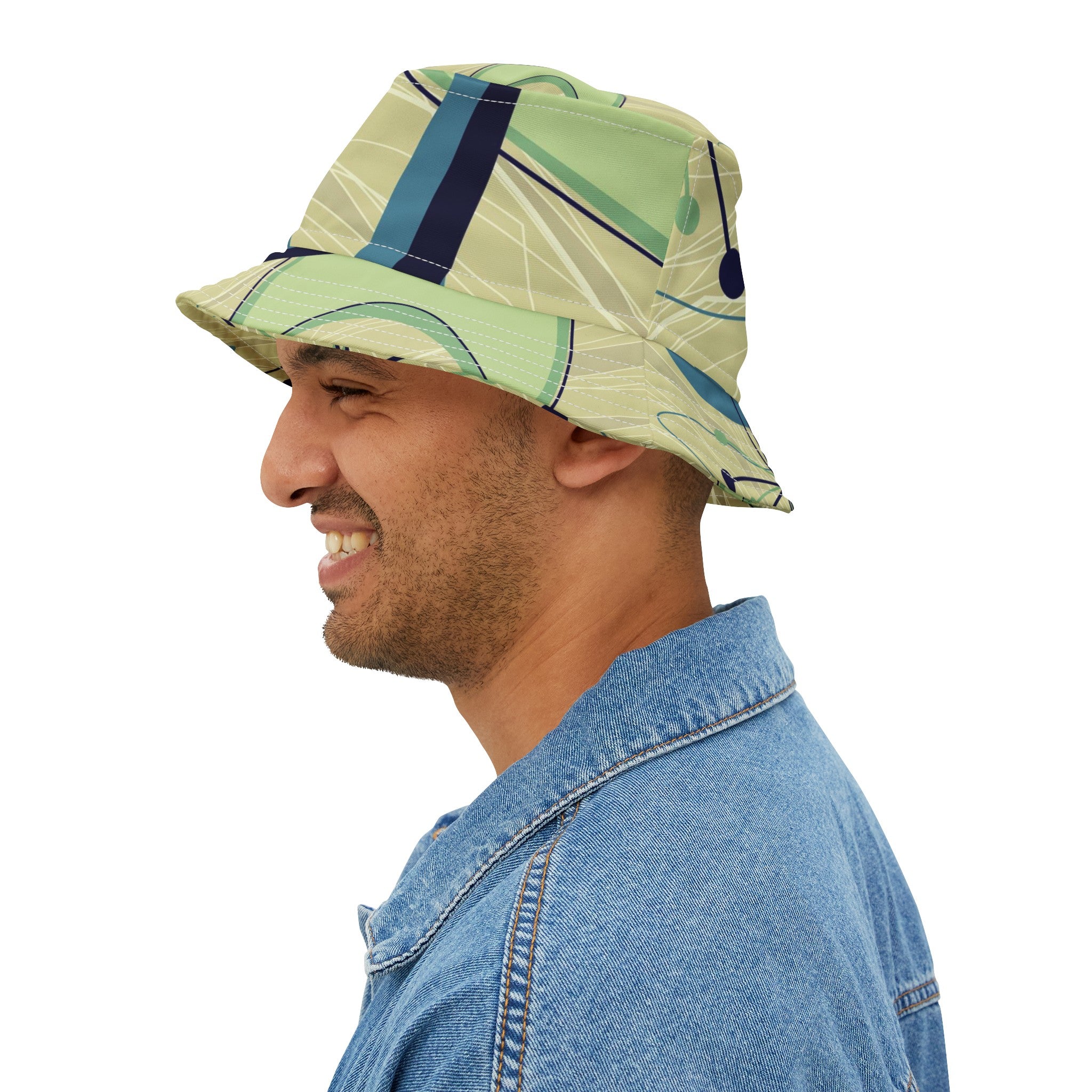 Atomic Space Retro Unisex Bucket Hat, Green, Blue Boomerang Starbursts Mod Hat - Mid Century Modern Gal