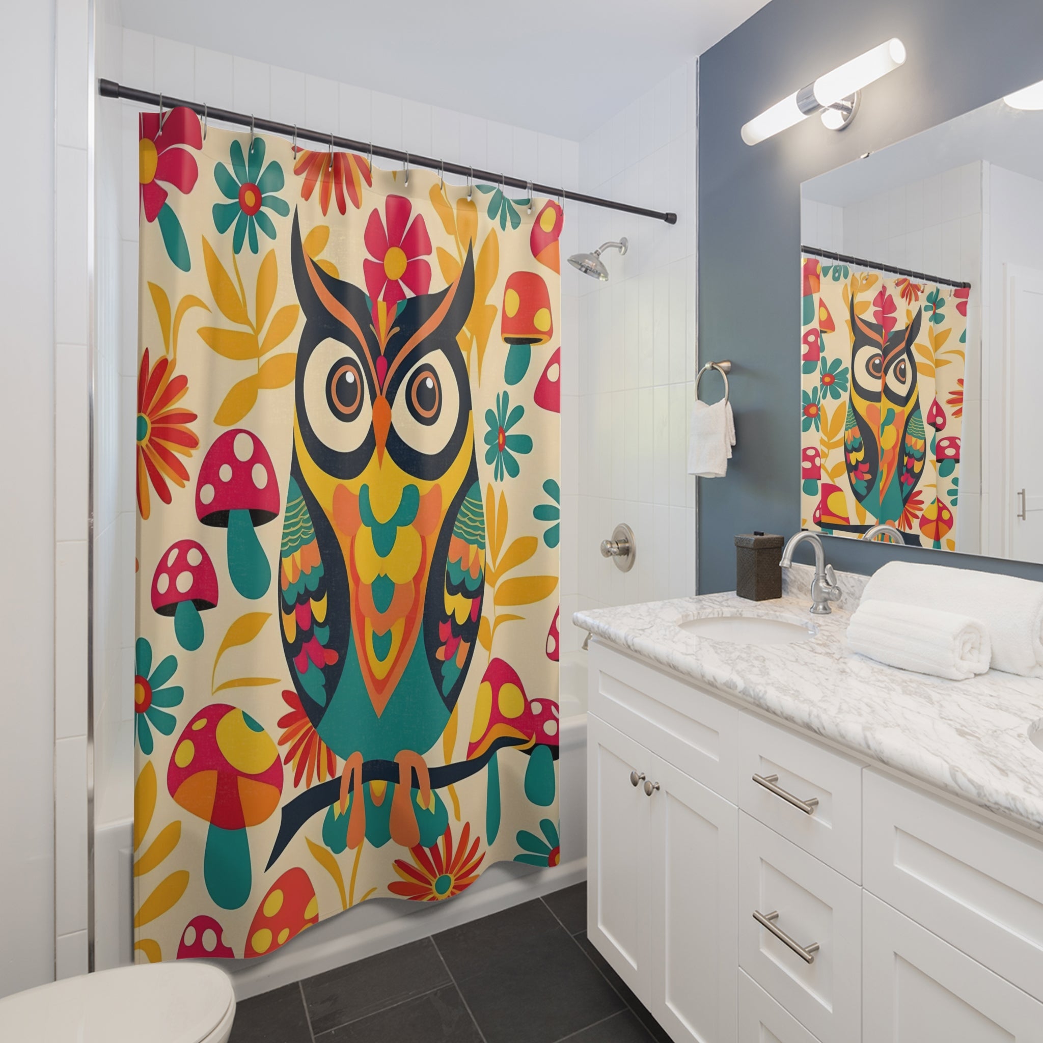Retro 70s Groovy Owl, Mushroom Colorful Owl Shower Curtain - Vibrant Floral Design for Bathroom Decor - Mid Century Modern Gal