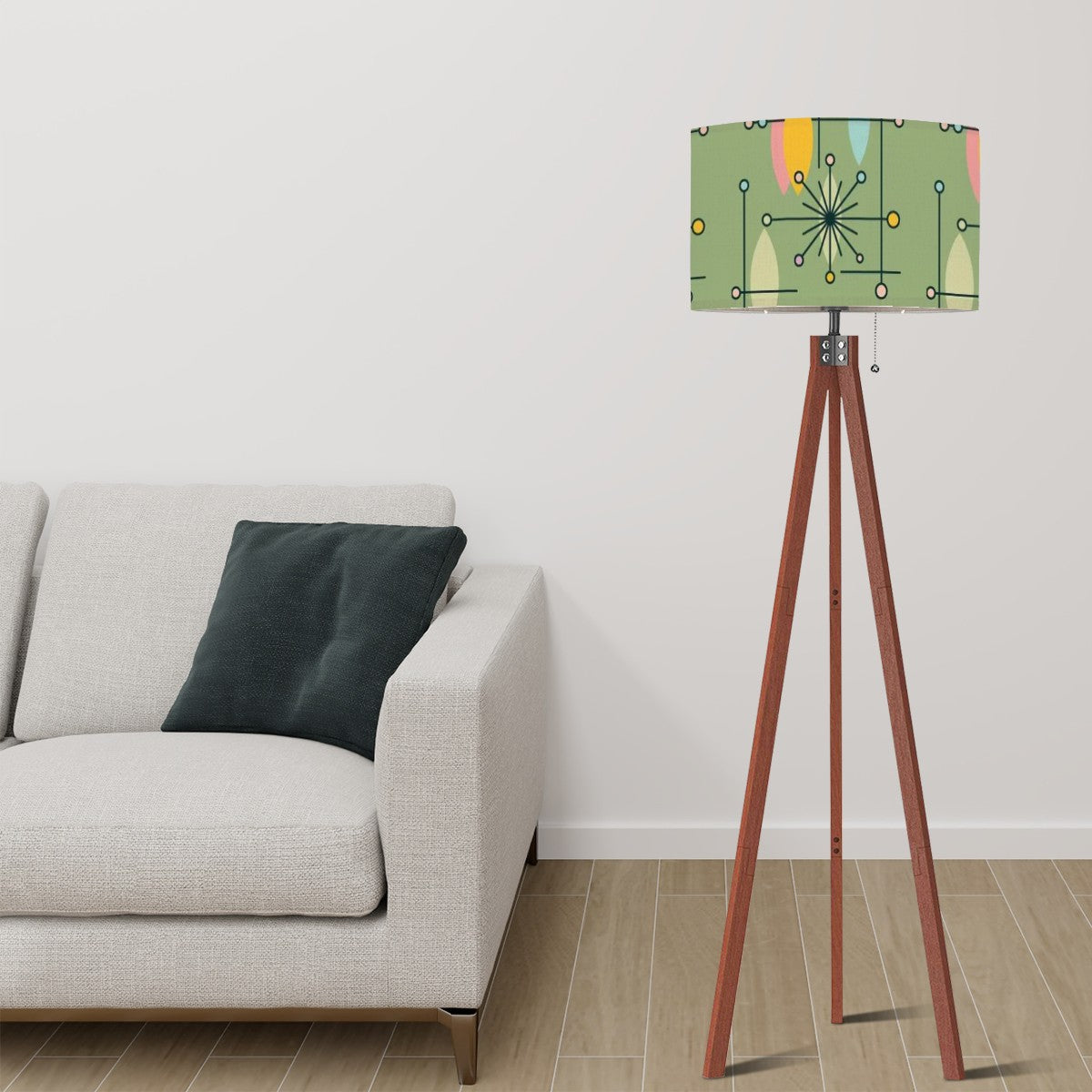 Mid Century Modern Tripod Floor Lamp Green Linen Shade Atomic Starburst Pattern (Made in USA) - Mid Century Modern Gal