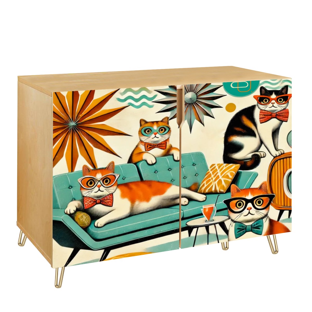 Mid Century Modern Wooden Storage Cabinet, Quirky Cats, Mod Furniture - Mid Century Modern Gal
