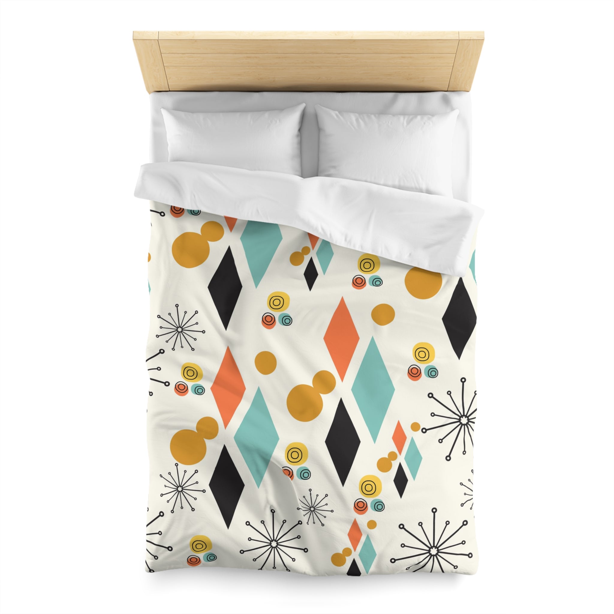 Mid Century Modern Bedding, Atomic Diamond, Sputnik,Beige, Aqua, Coral,Mustard Yellow, Retro Mod Duvet Covers - Mid Century Modern Gal