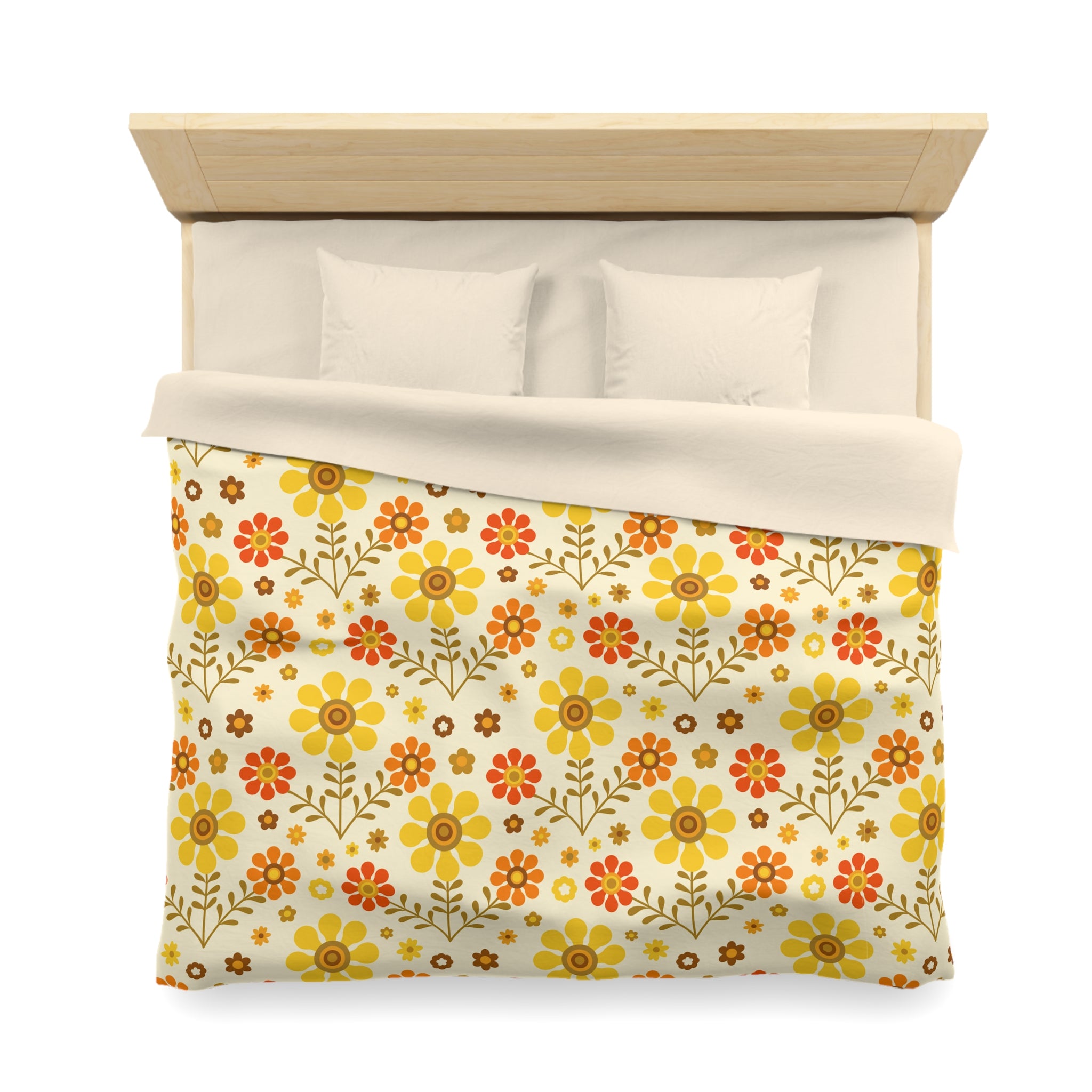 70s Flower Power Orange, Yellow Soft Daisy Retro Duvet Cover Duvet Cover - Mid Century Modern Gal