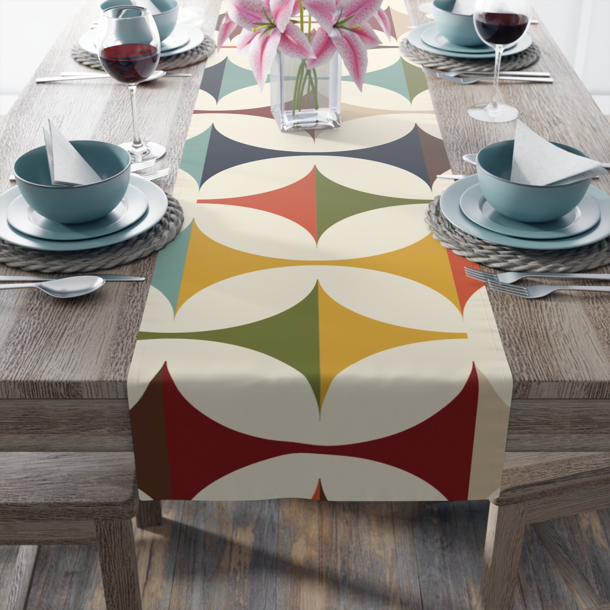 Mid Century Modern Table Runner, Retro Scandinavian Modern Danish Geometric Design, Green, Brown, Beige, Yellow, Teal, MCM - Mid Century Modern Gal