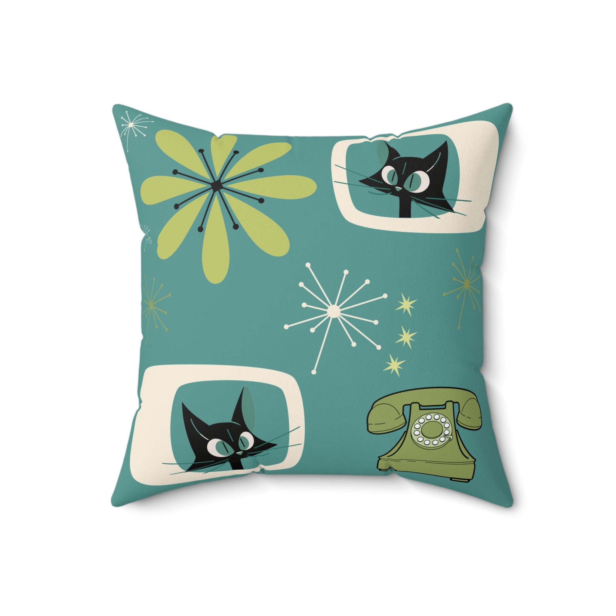 Atomic Space Cat, Teal Mid Century Modern Kitschy Mod Decorative Pillow - Mid Century Modern Gal
