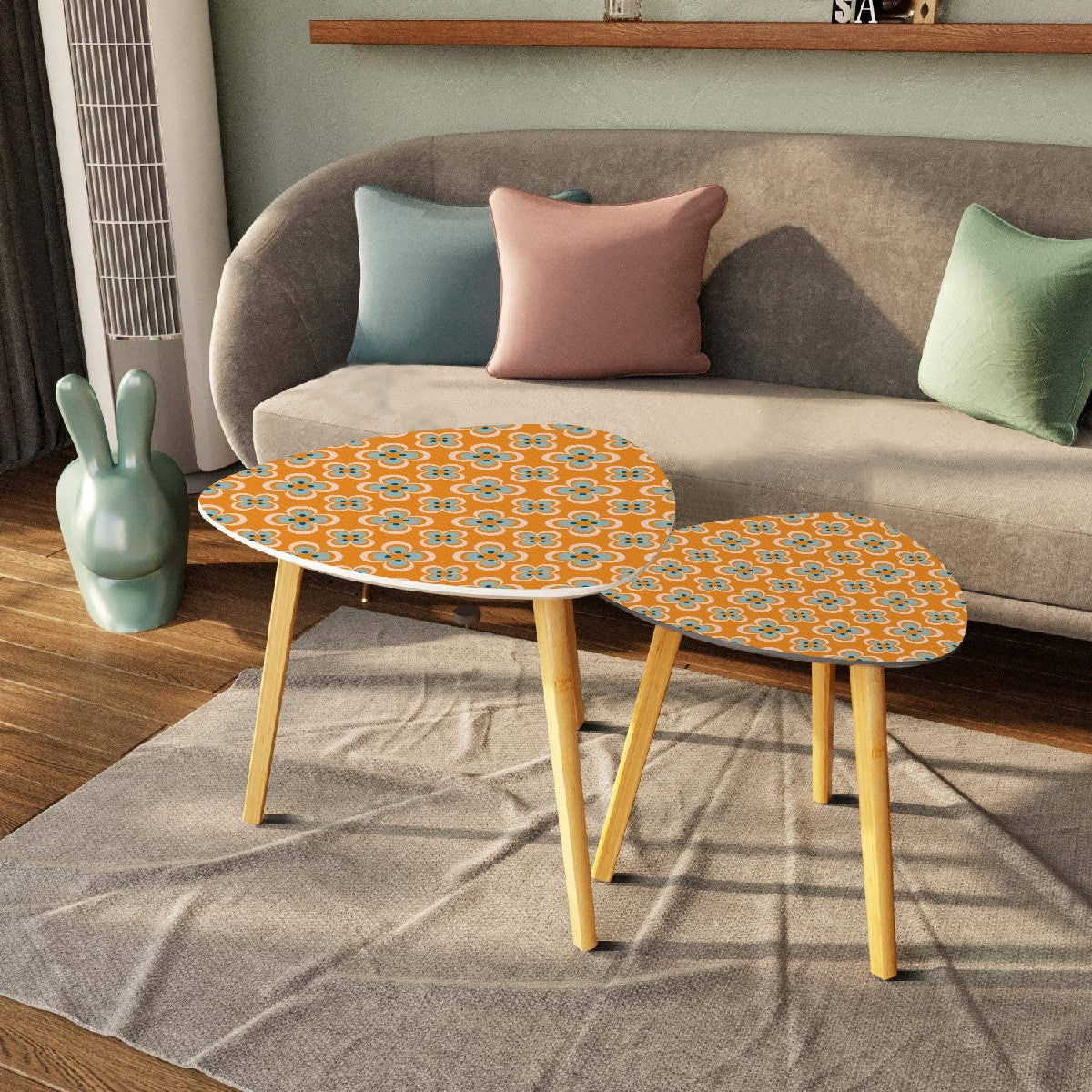 Modern Scandinavian Orange Blue Floral Mid Century Modern Nesting Tables - Mid Century Modern Gal