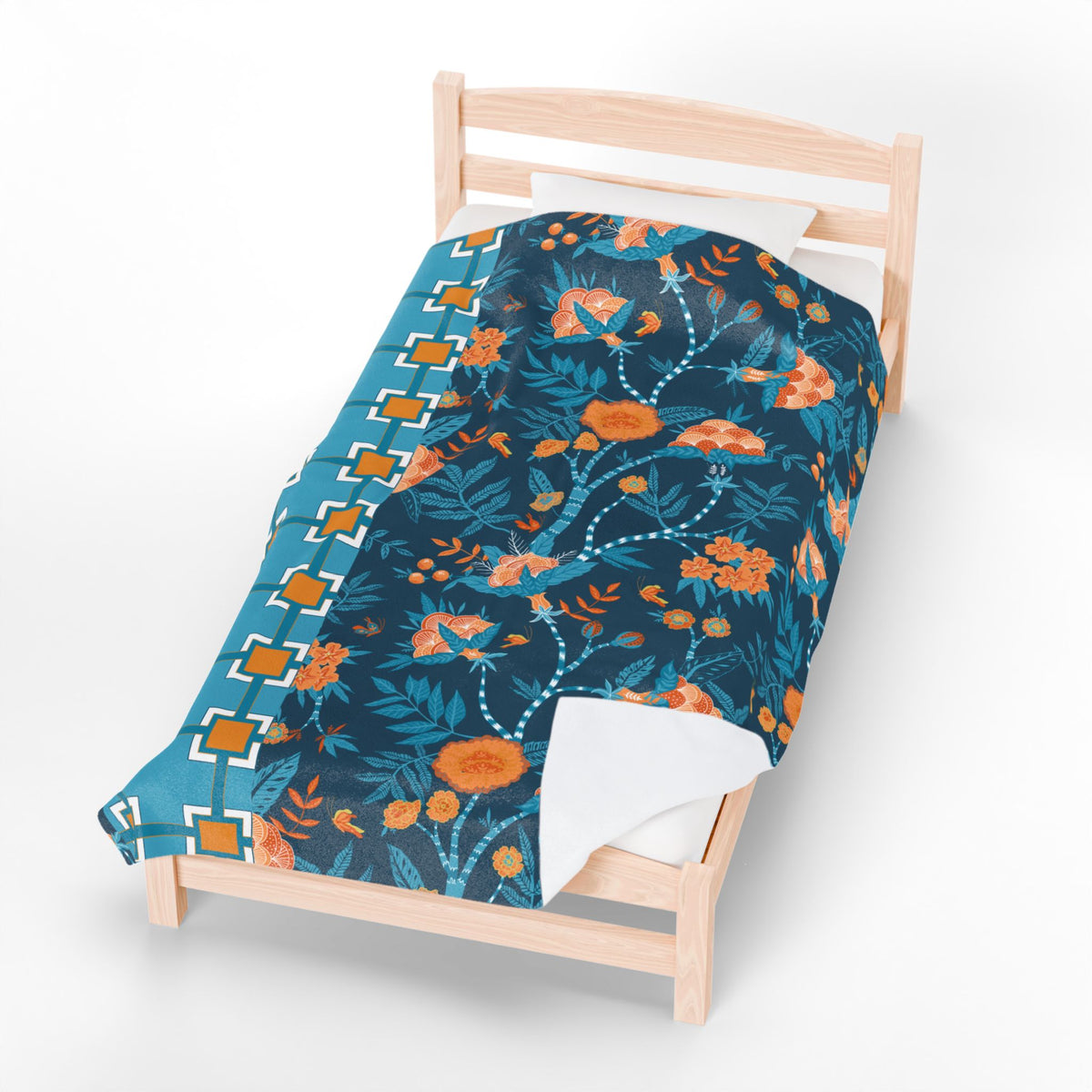 Chinoiserie Throw Blanket Blue, Orange Tropical Floral Velveteen Plush Blanket - Cozy Home Decor for All Seasons - Mid Century Modern Gal