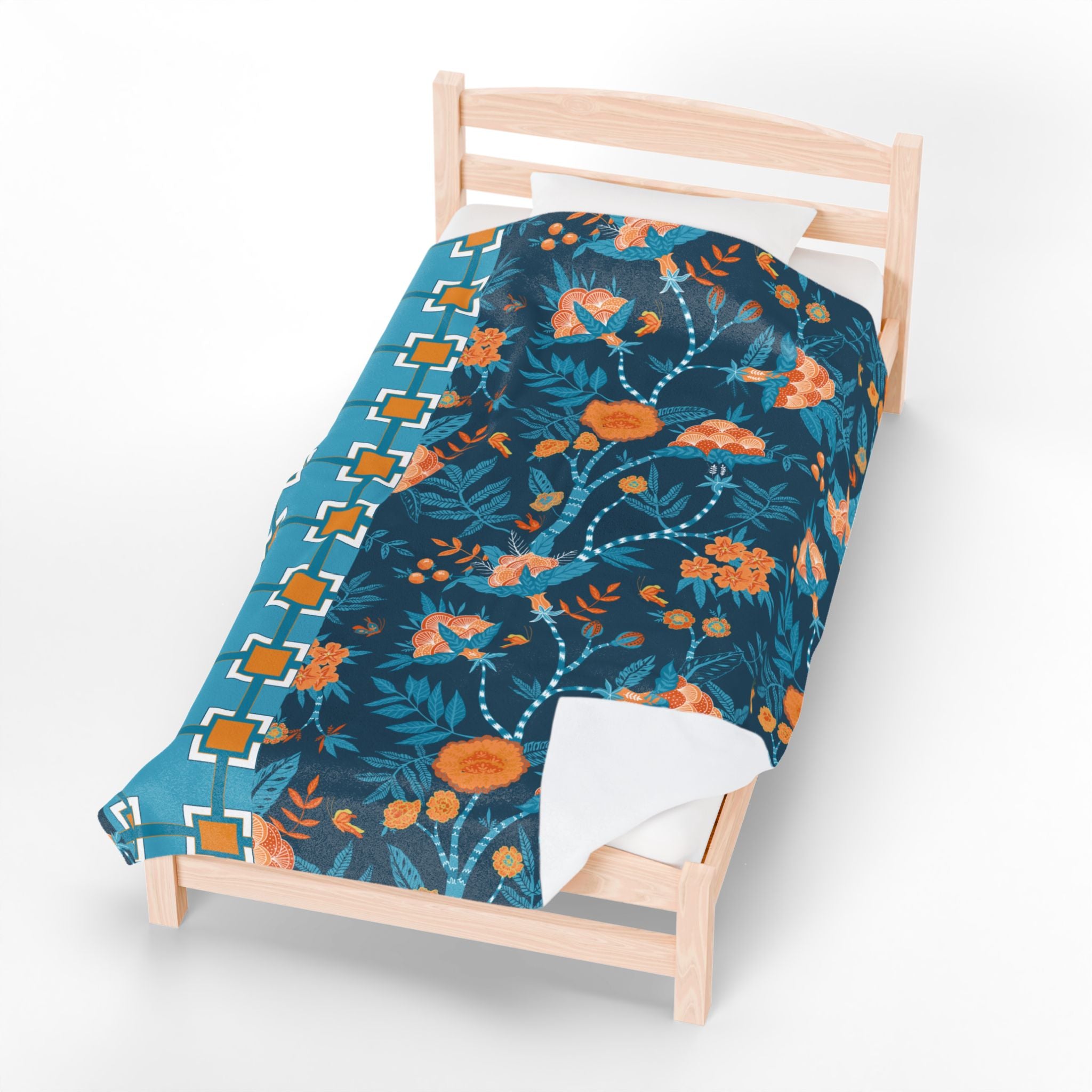 Chinoiserie Throw Blanket Blue, Orange Tropical Floral Velveteen Plush Blanket - Cozy Home Decor for All Seasons - Mid Century Modern Gal