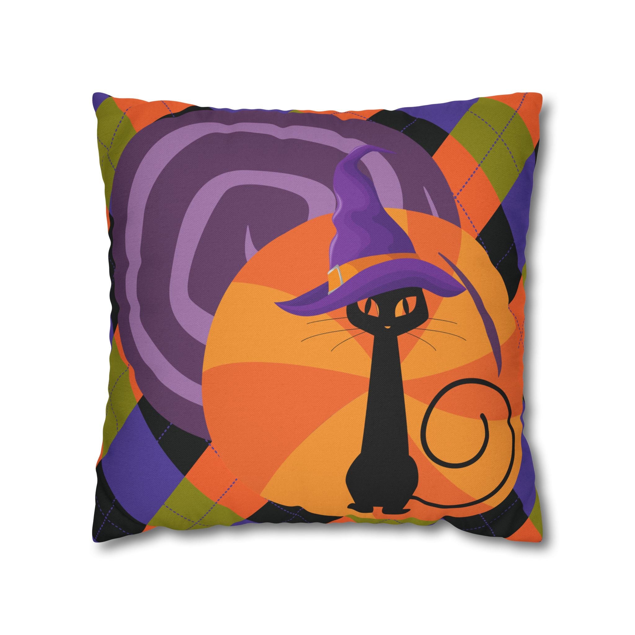 Atomic Cat Harlequin Pattern Orange Purple Black, Kitschy Halloween Pillow Cover - Mid Century Modern Gal