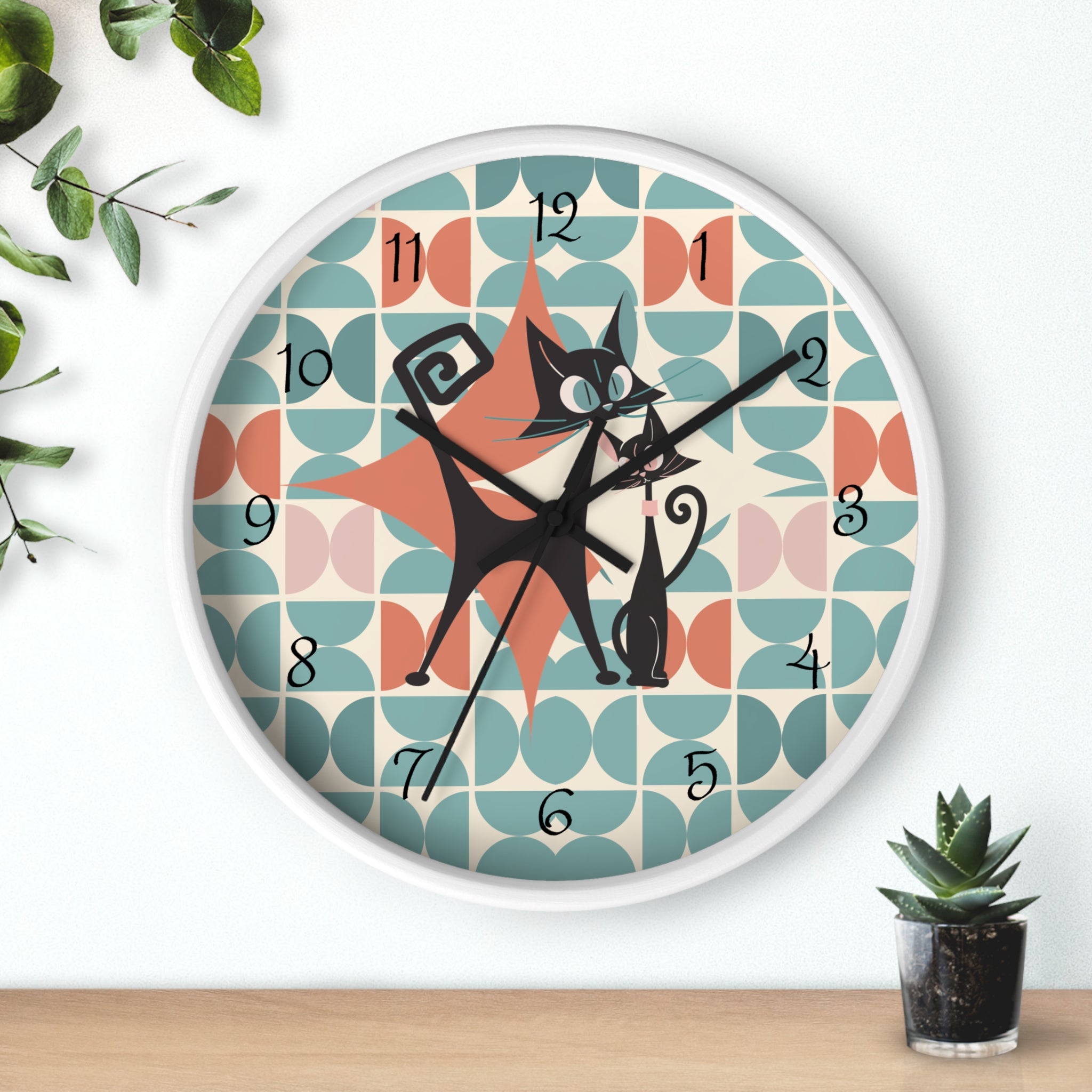Kitchen Clock, Atomic Cat Retro Mid Century Modern Style With Scandinavian Designed Geometric Shapes, 50s Wall Clock For Cat Lovers - Mid Century Modern Gal