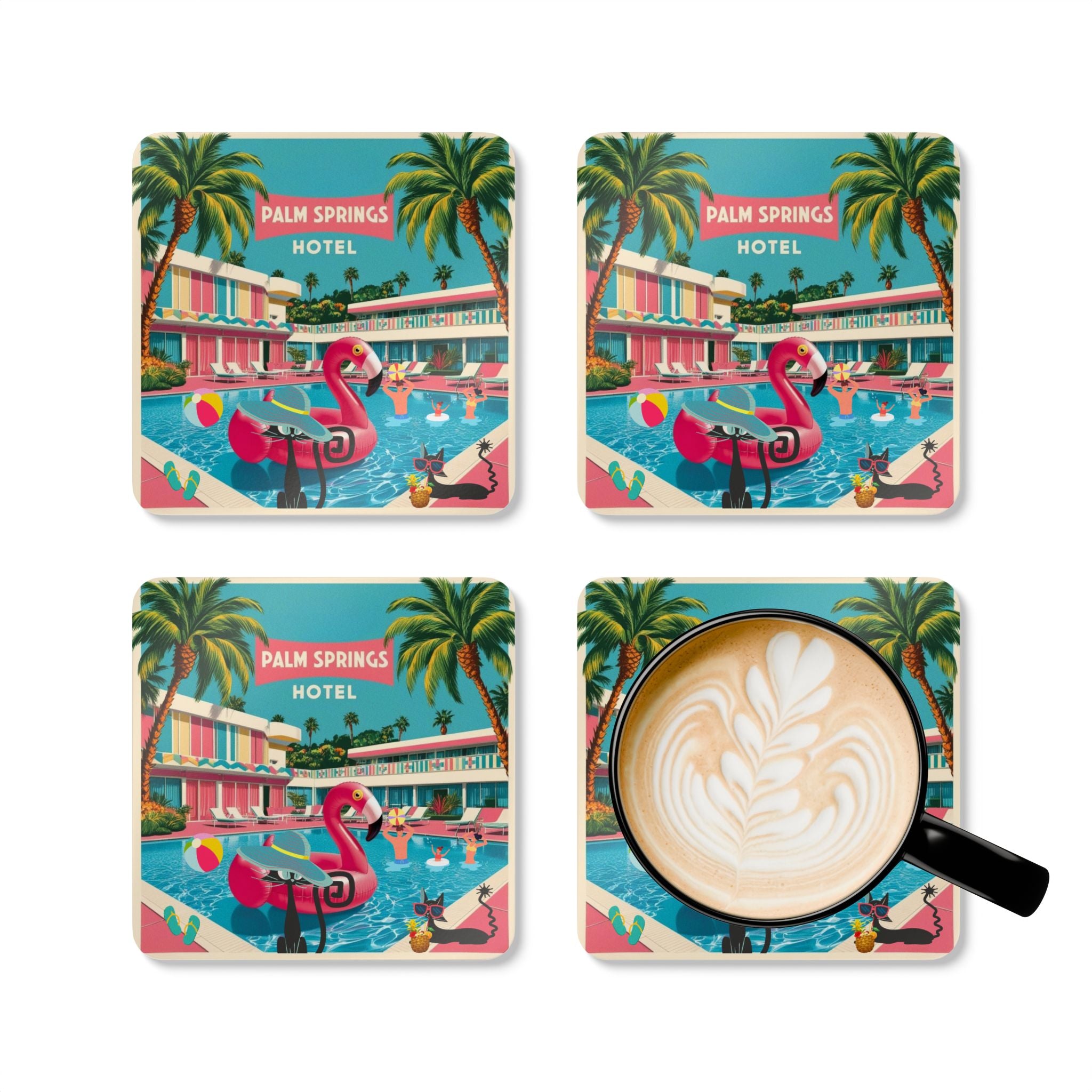 Old Palm Springs California, 50s Flamingo, Atomic Cats Kitschy MCM Barware Coaster Set - Vintage Tropical Drink Drinkware - Mid Century Modern Gal