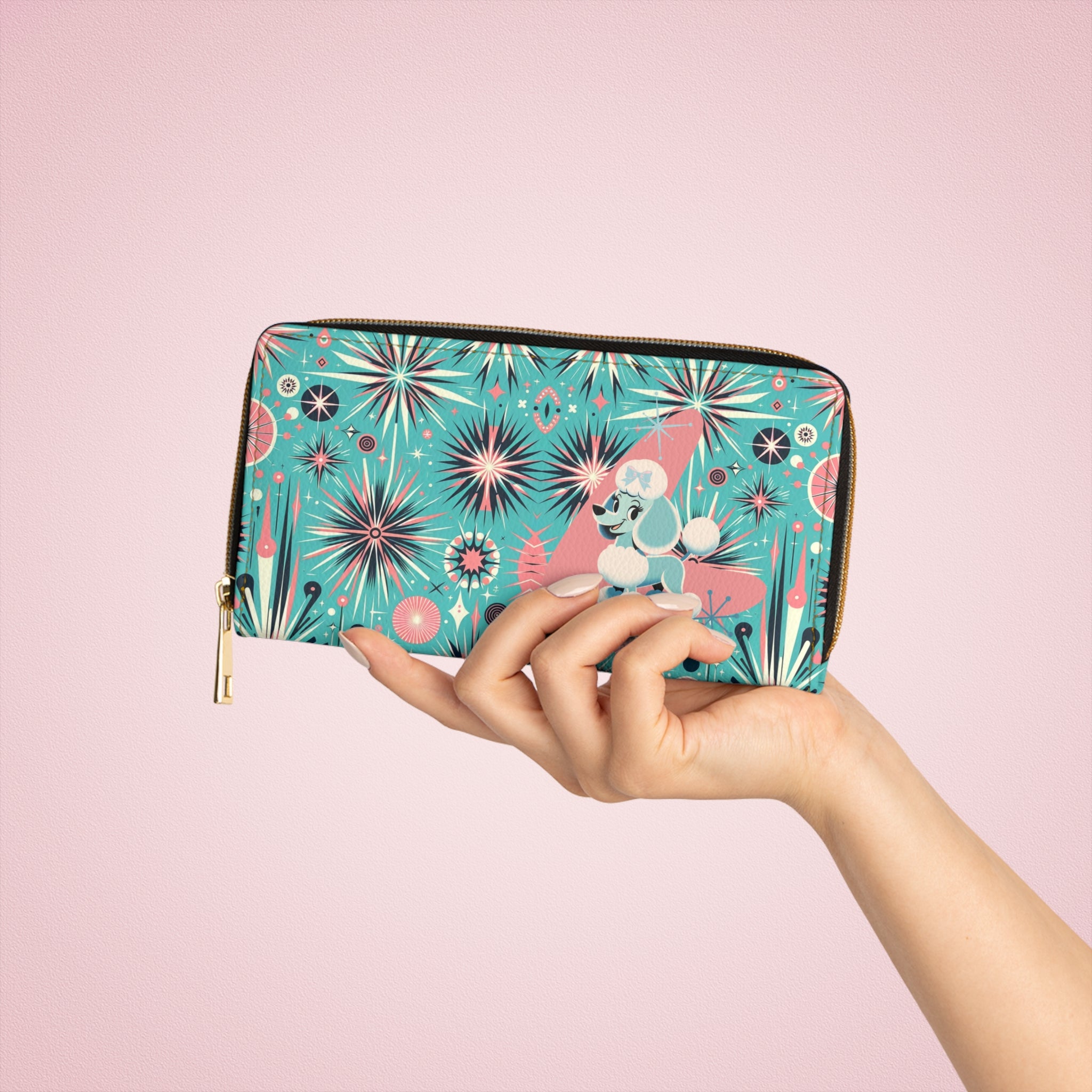 1950s Atomic Pink, Aqua Poodle Zipper Wallet - Mid Century Modern Gal