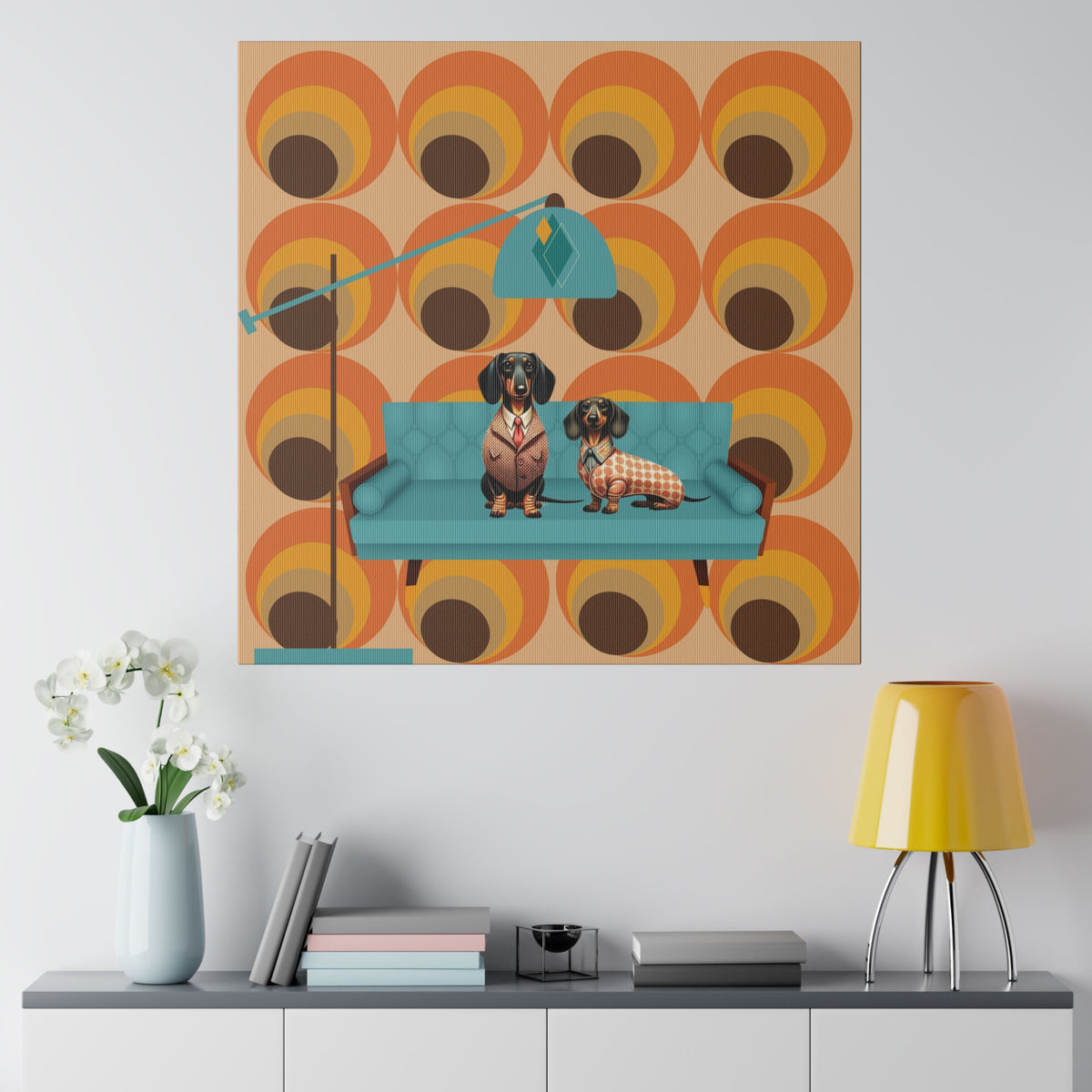 Retro 70s Doxie Dog, Dachshund Dog Lover, Mid Mod Groovy Wall Art - Mid Century Modern Gal