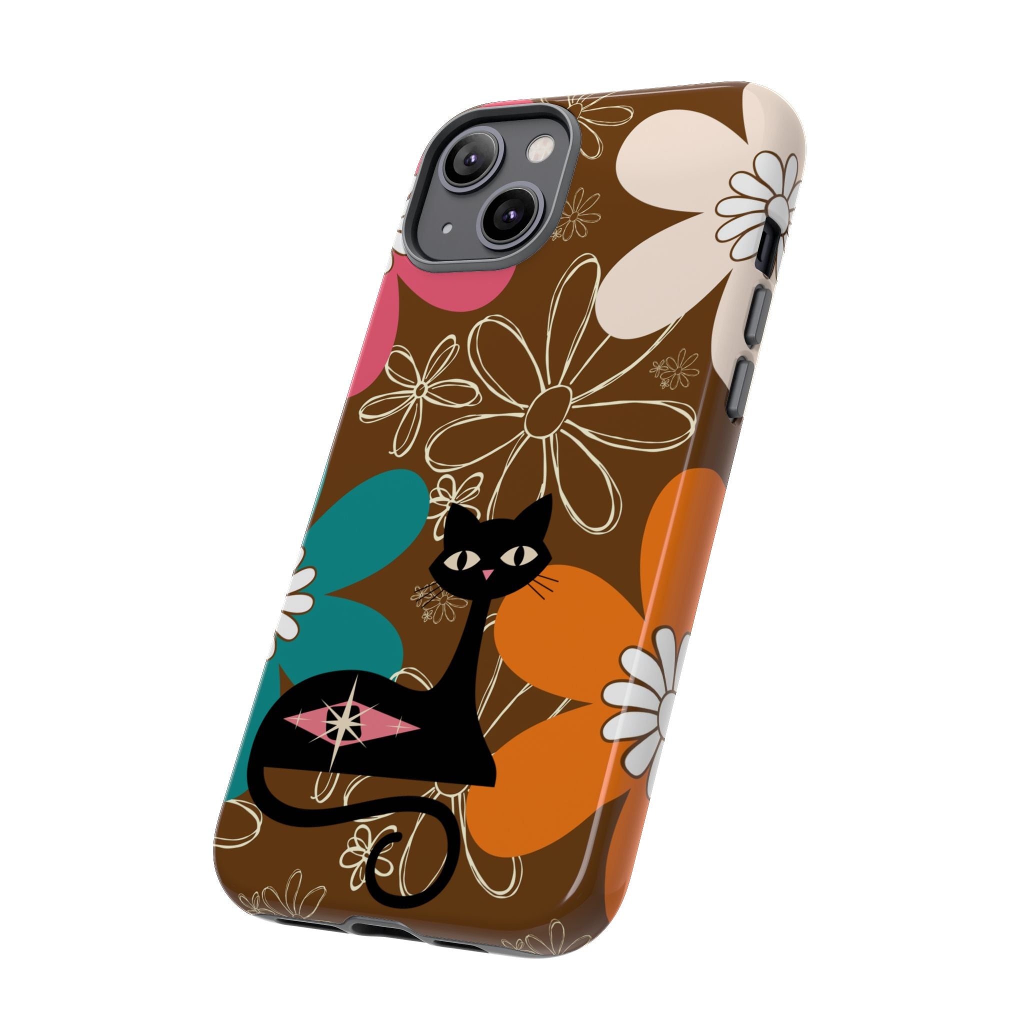 Atomic Cat Retro 70s Vibe Flower Power Tough Cases: Cute Floral and Cat Phone Case for Cat Lovers