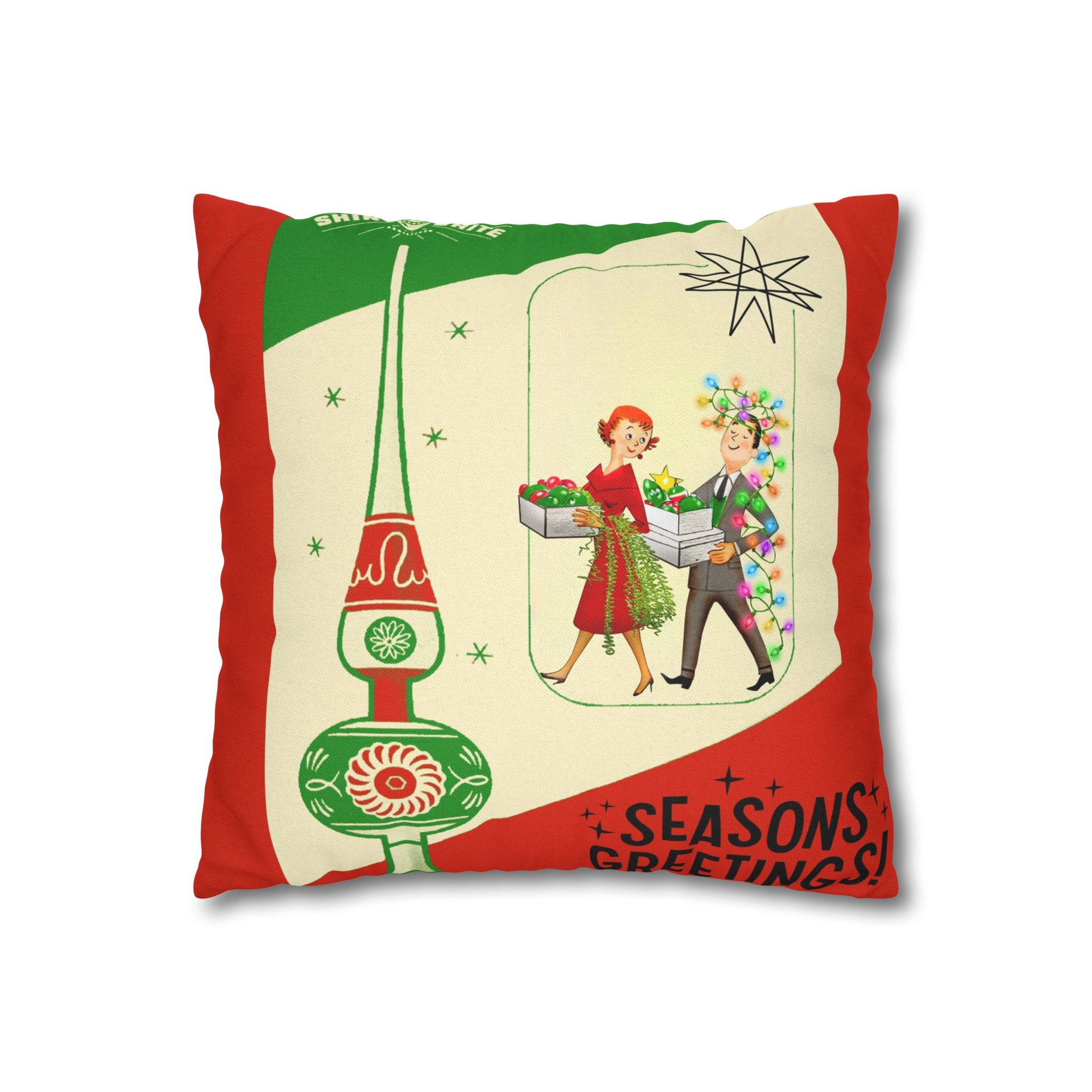 Shiny Brite Holiday Pillow Cover, Mid Century Modern Kitschy Couple Season Greetings - Mid Century Modern Gal