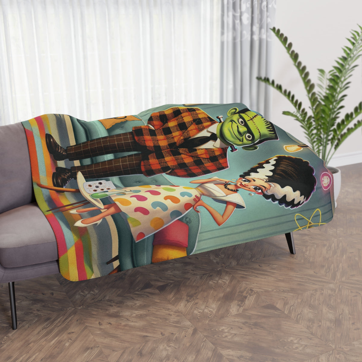 Frankenstein And Bride Retro Vintage Horror Couples Tan Sherpa Blanket - Cozy & Fun Home Décor - Mid Century Modern Gal
