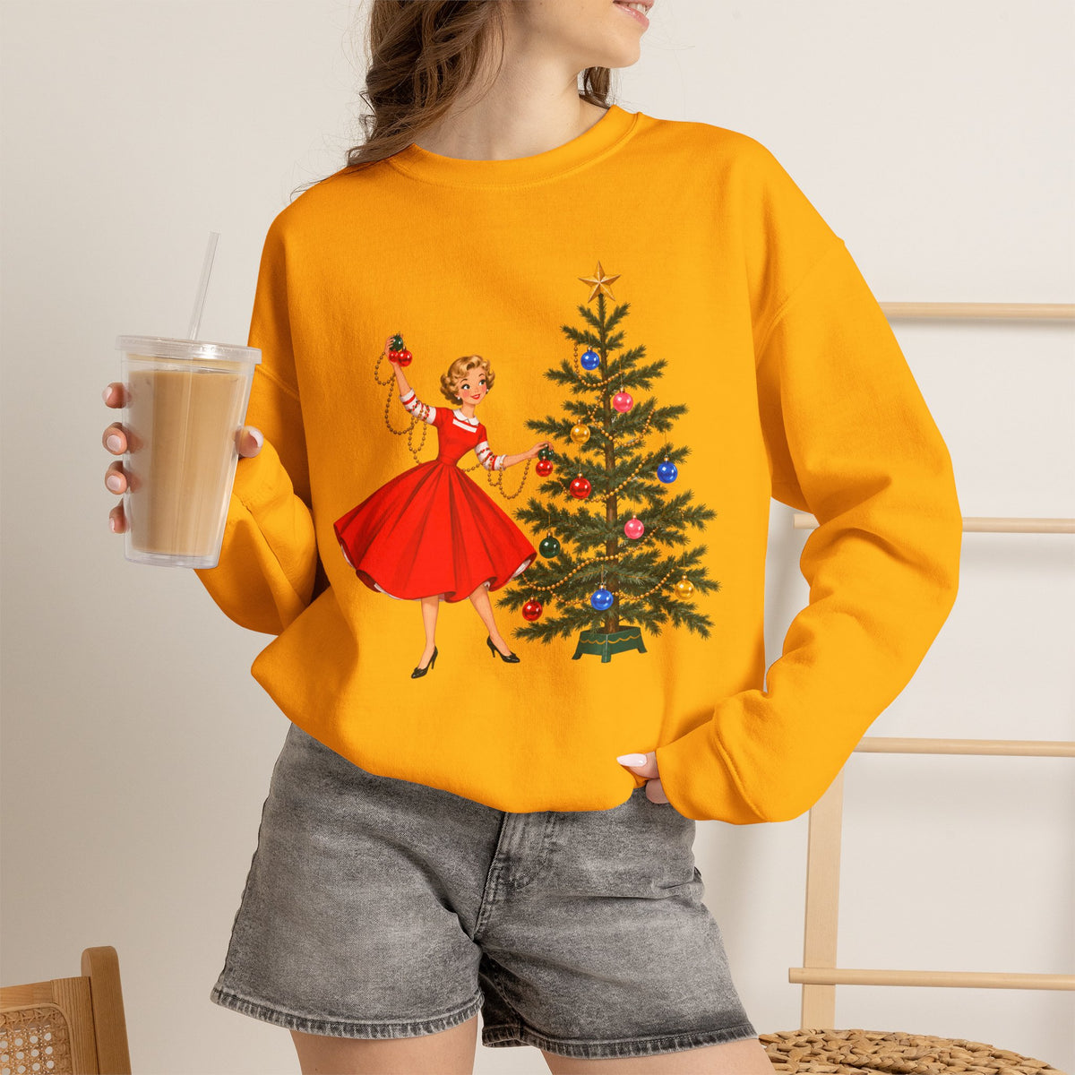 Mid Century Modern Gal Decorating Christmas Tree Unisex Heavy Blend™ Crewneck Sweatshirt - Mid Century Modern Gal