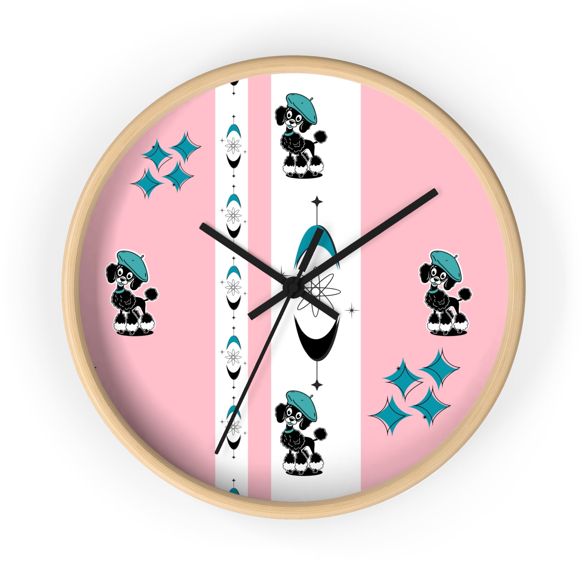 Mid Century Modern Atomic Pink Starburst Wall Clock with Cute Retro Mod Poodle Design - Mid Century Modern Gal