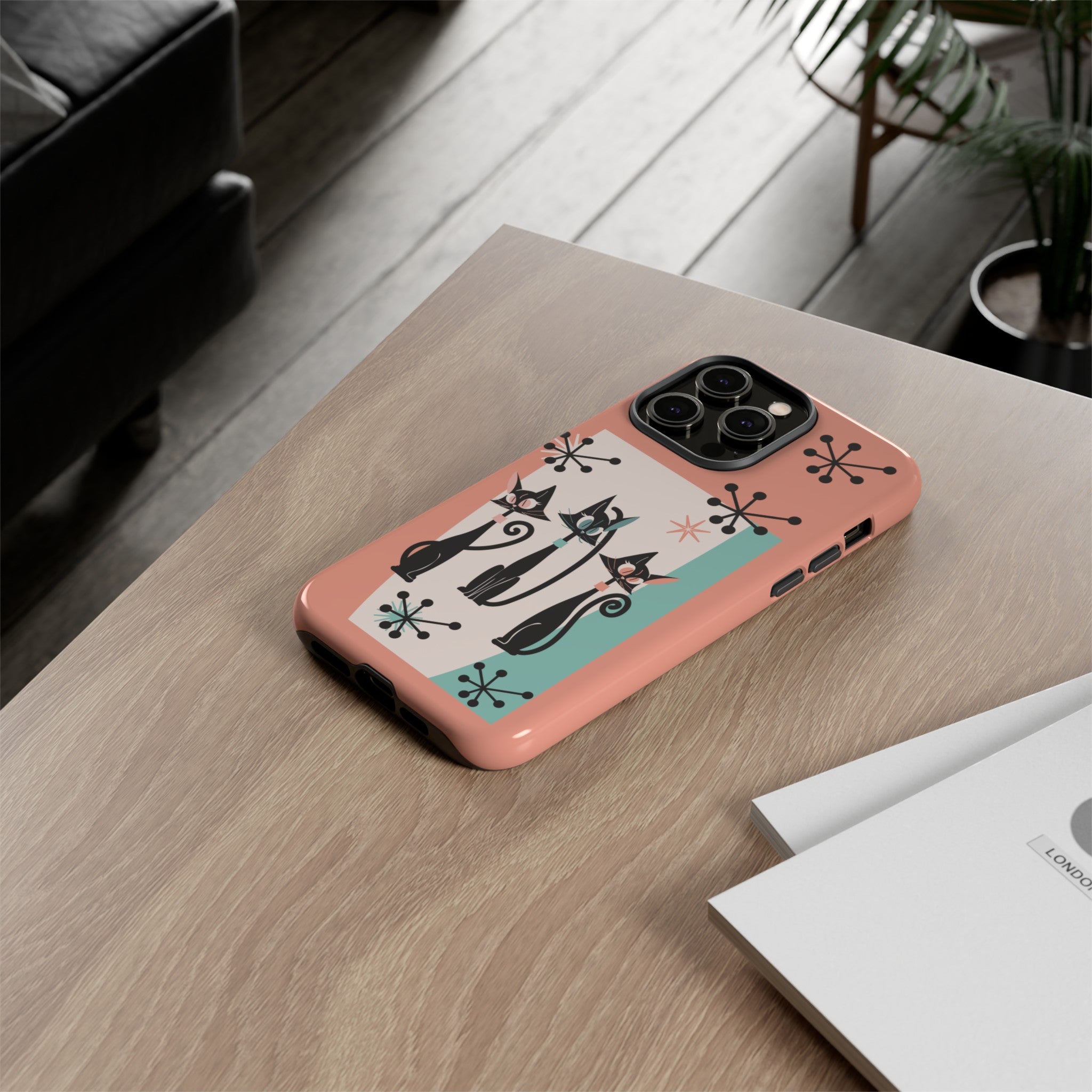 Atomic Cat Mid Mod Coral Aqua Blue Starburst Kitschy Fun Chic Samsung, Smart Phones Tough Cases - Mid Century Modern Gal