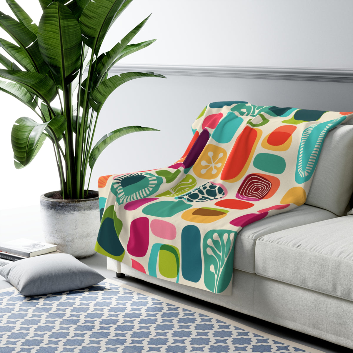 Mid Century Modern BOHO, Abstract, Geometric Retro Purple, Orange, Emerald Green Yellow Mid Mod Atomic Age Sherpa Fleece Blanket - Mid Century Modern Gal
