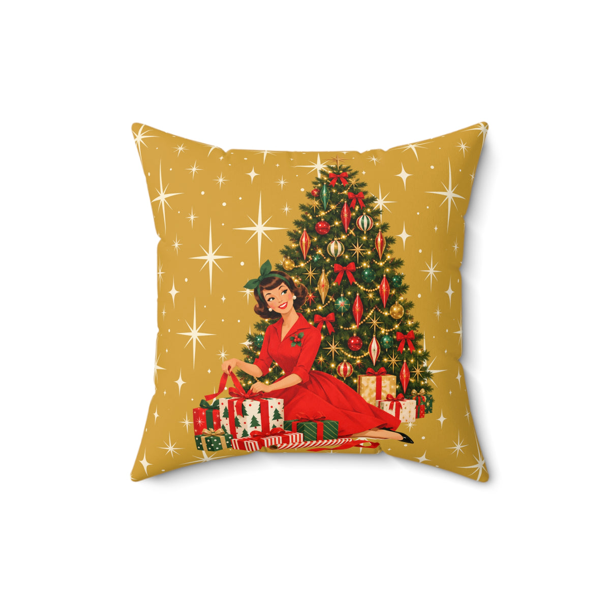 Mid Century Modern Christmas Glamour Gal Wrapping Presents by Tree, Gold Atomic Starbursts Pillow Cover and Insert - Mid Century Modern Gal