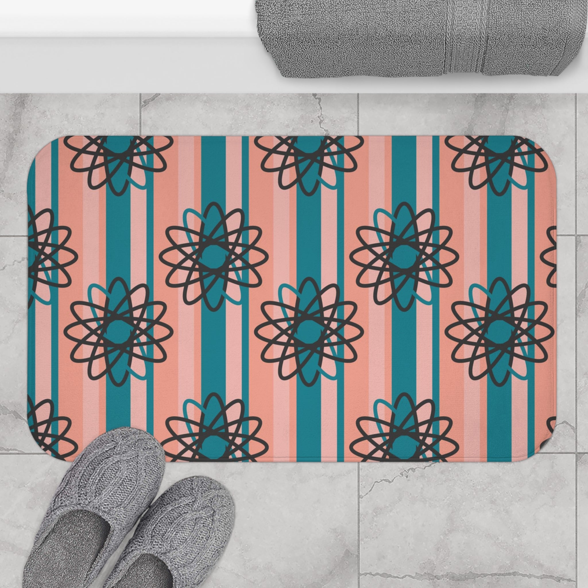 Mid Century Modern Atomic Atom, Teal, PInk, Retro Bath Mat - Mid Century Modern Gal