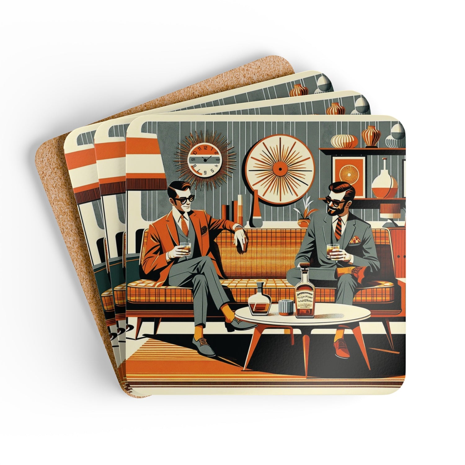 Mid Century Modern Gay Gentleman, Livingroom MCM Barware Kitschy Mod Corkwood Coaster Set - Mid Century Modern Gal