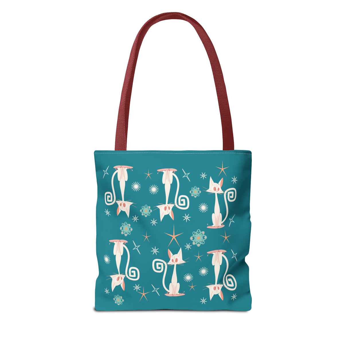 Atomic Kitties, White Kitschy Cats, Coral, Teal, Atomic Age Mid Century Modern Tote Bag - Mid Century Modern Gal