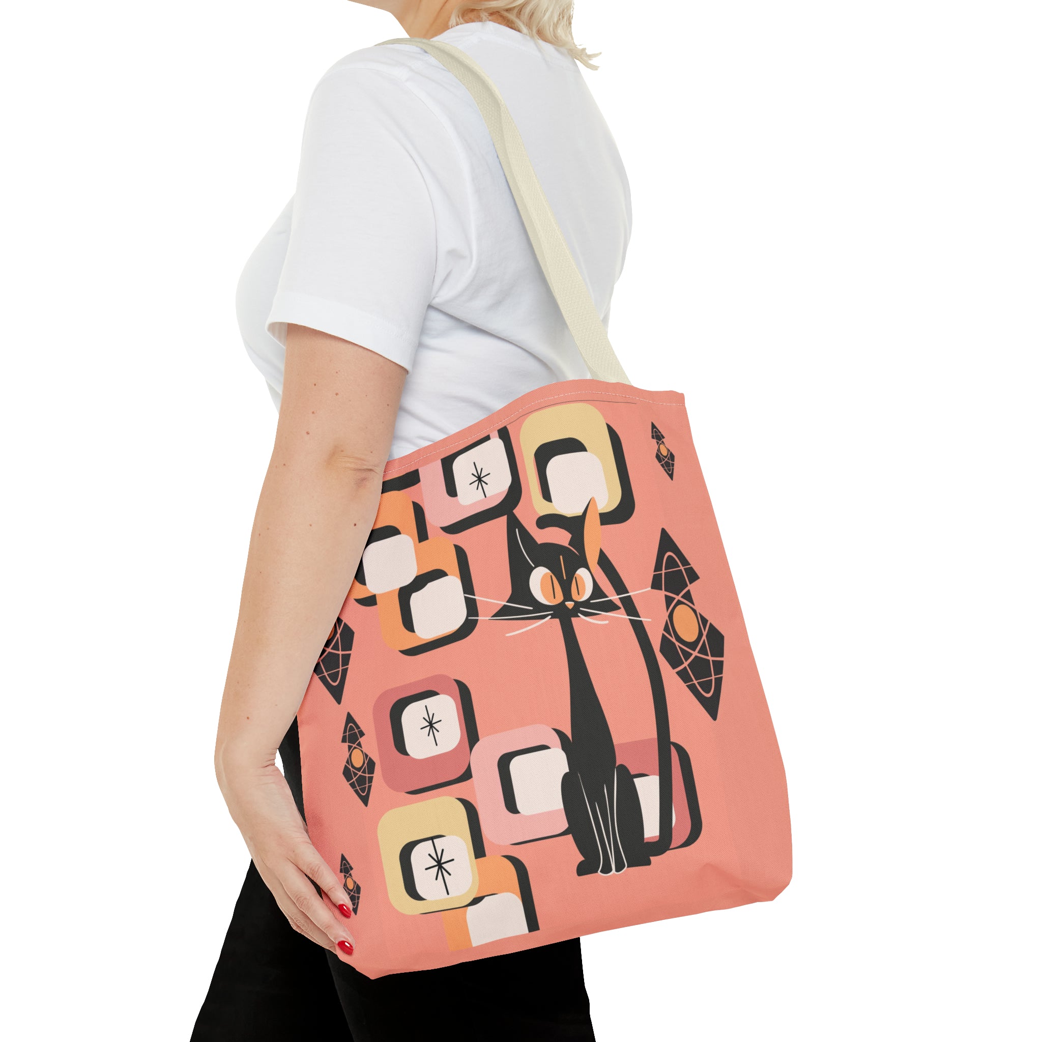 Atomic Cat Tote Bag, Coral Color, Mid Century Modern Geometric Designs, Mid Mod Retro Apparel - Mid Century Modern Gal