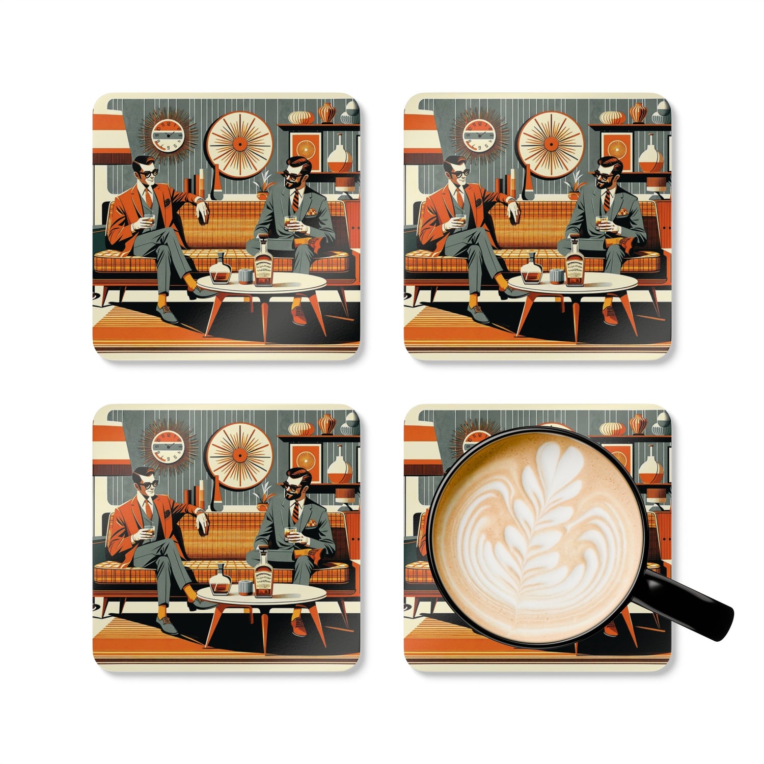 Mid Century Modern Gay Gentleman, Livingroom MCM Barware Kitschy Mod Corkwood Coaster Set - Mid Century Modern Gal