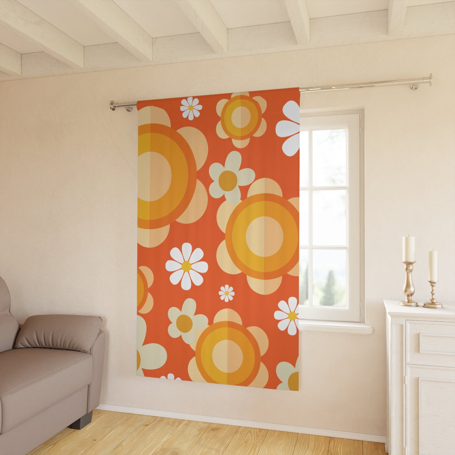 60s Vibes Flower Power Retro Window Curtain, Orange, Yellow, Mod Daisy Hippie Chick Decor - Mid Century Modern Gal
