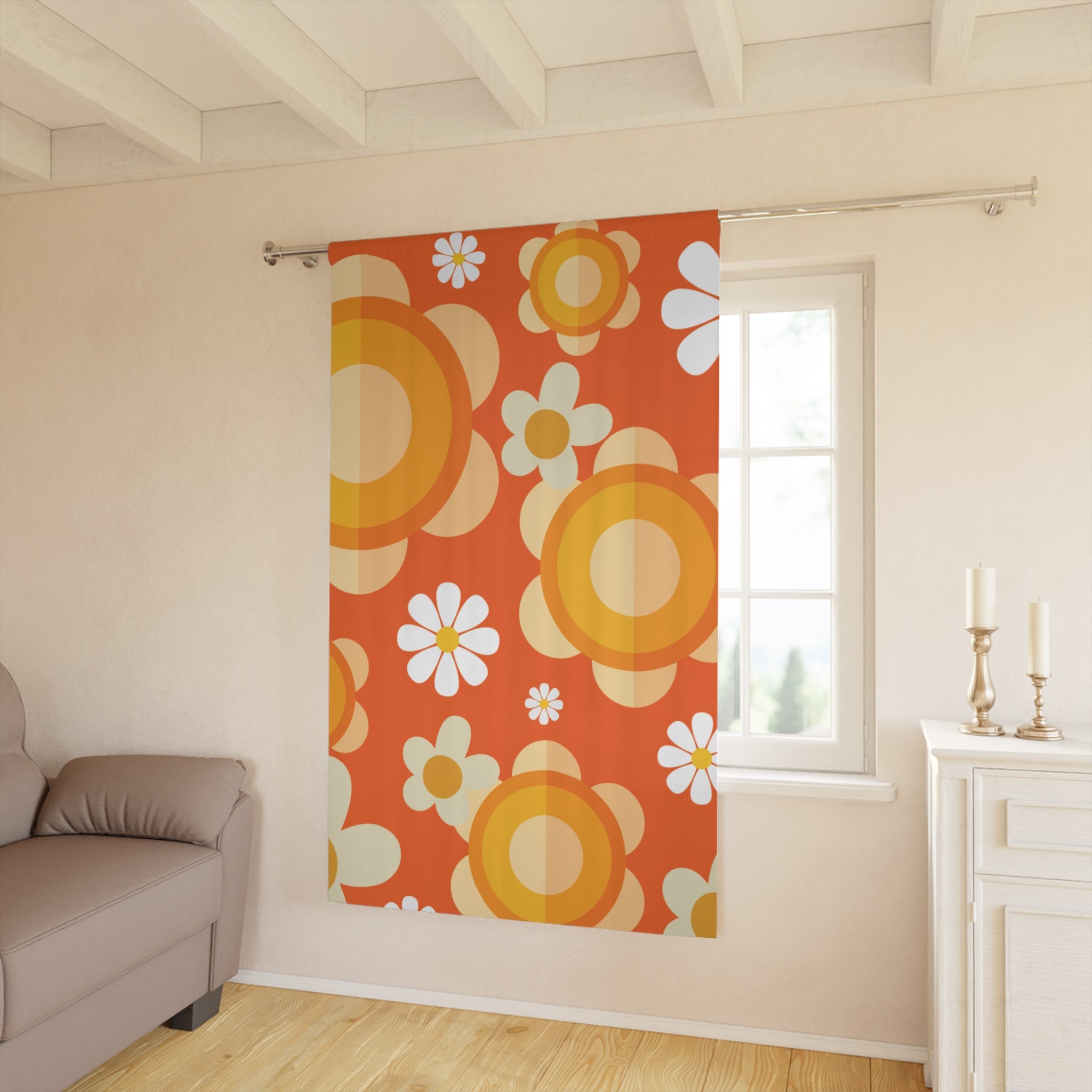 60s Vibes Flower Power Retro Window Curtain, Orange, Yellow, Mod Daisy Hippie Chick Decor - Mid Century Modern Gal