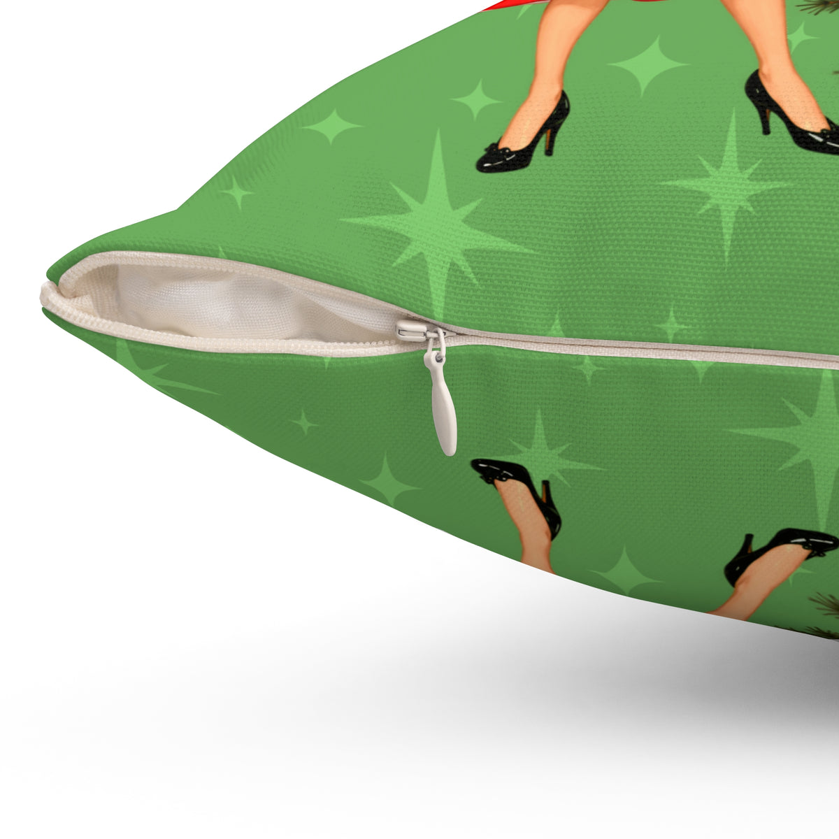Mid Century Modern Gal Decorating Christmas Tree, Green Atomic Starbursts Pillow Cover and Insert