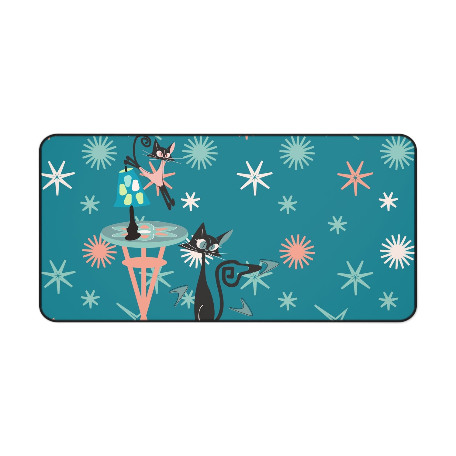 Atomic Cat Desk Mat, Kitschy Cute, Teal, Pink Starburst Mid Century Modern Office Decor - Mid Century Modern Gal