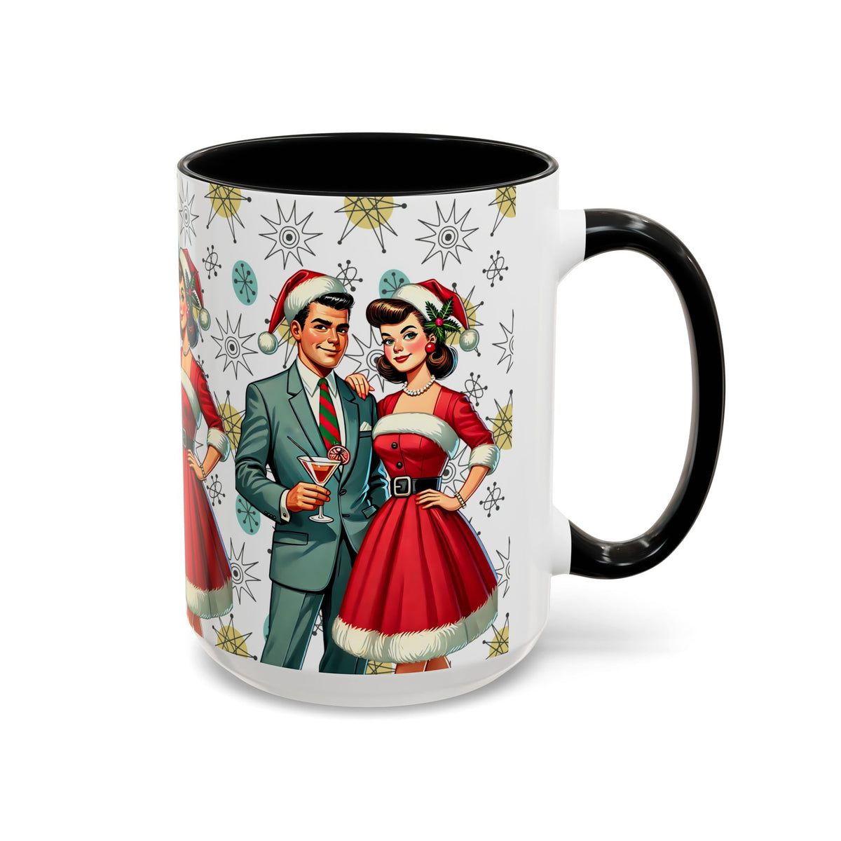 Mid Century Modern 50s Christmas mug featuring a Franciscan Starburst pattern with retro holiday couple design.